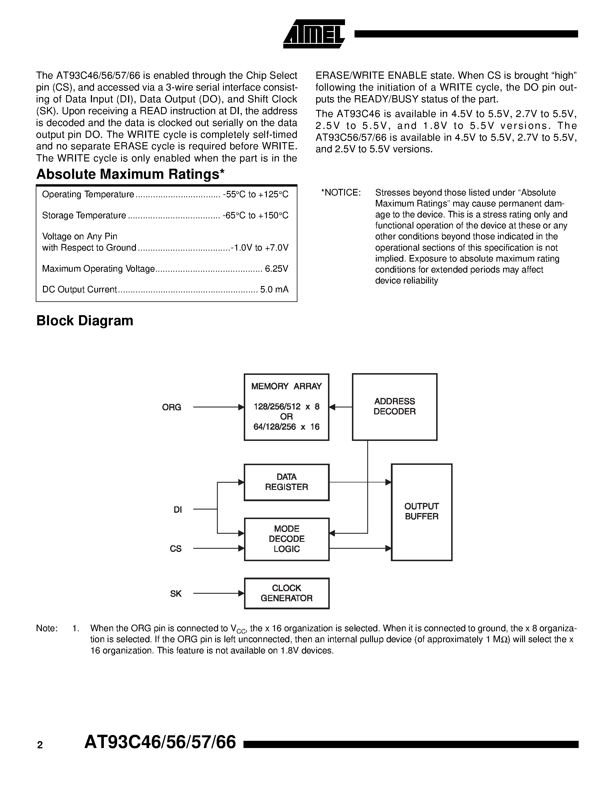 Datasheet AT93C66-10PC-2.5 - 3-wire Serial EEPROMs page 2