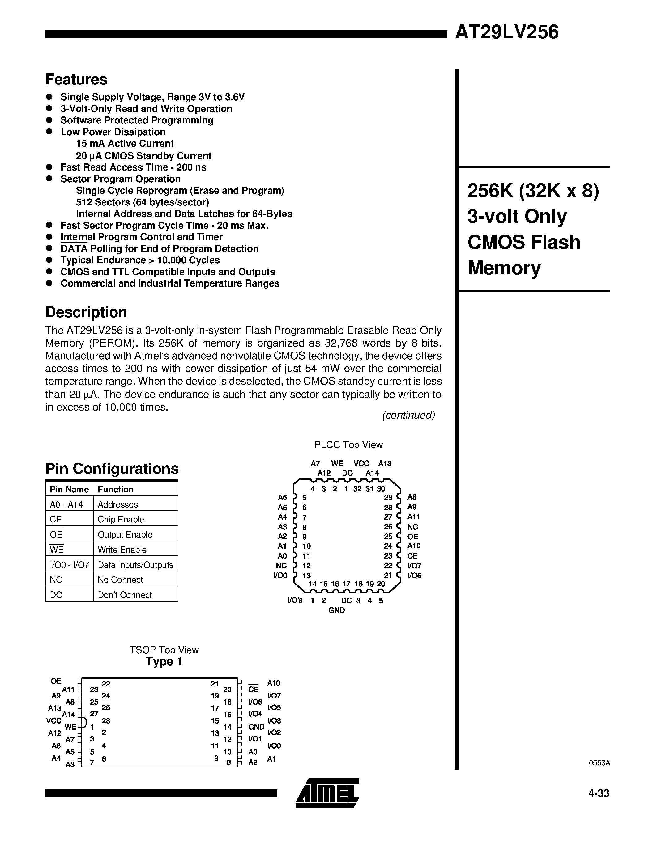 Datasheet AT29LV256-20TC page 1 Datasheet AT29LV256-20TC - 256K 32K x 8 3-volt Only CMOS Flash Memory page 1
