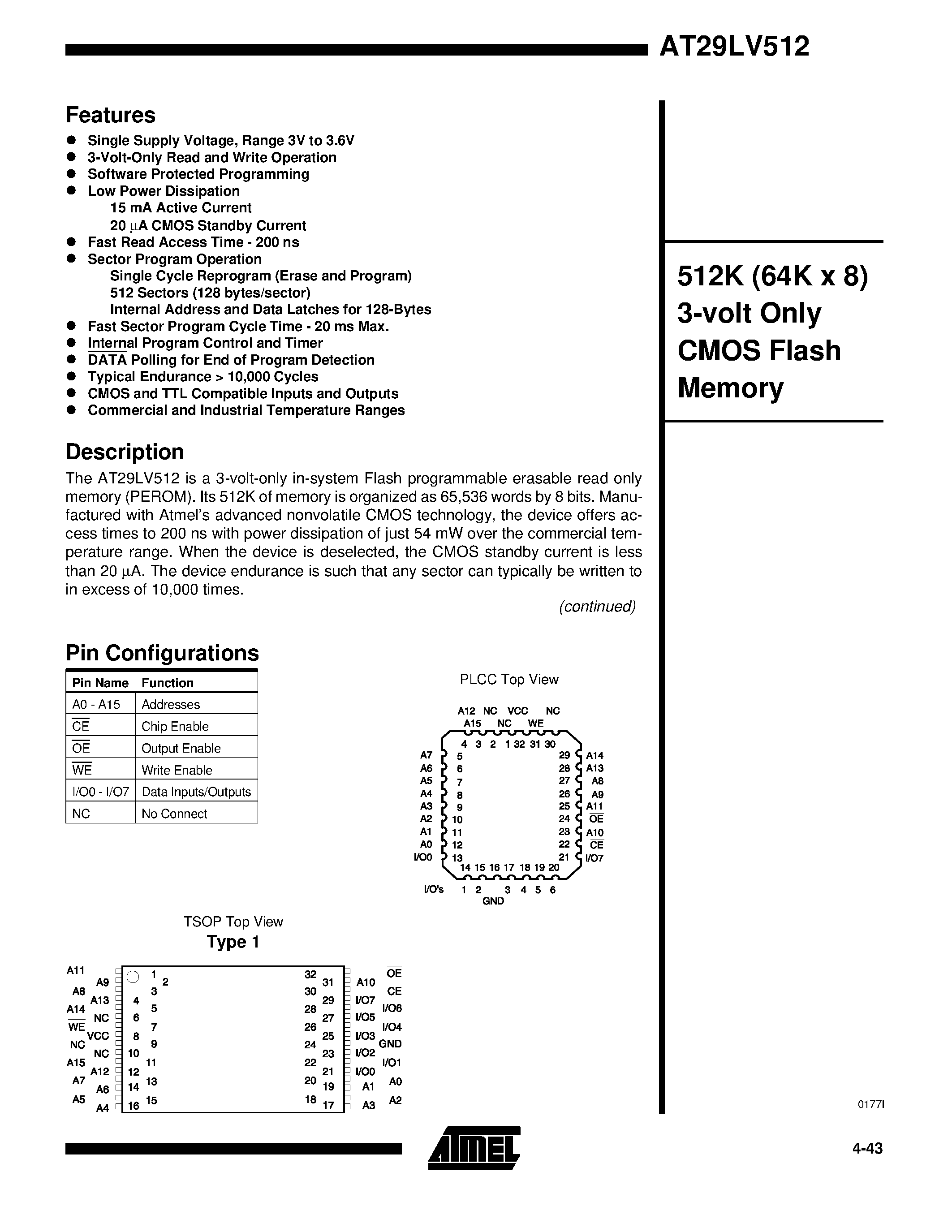 Datasheet AT29LV512-25TI page 1 Datasheet AT29LV512-25TI - 512K 64K x 8 3-volt Only CMOS Flash Memory page 1