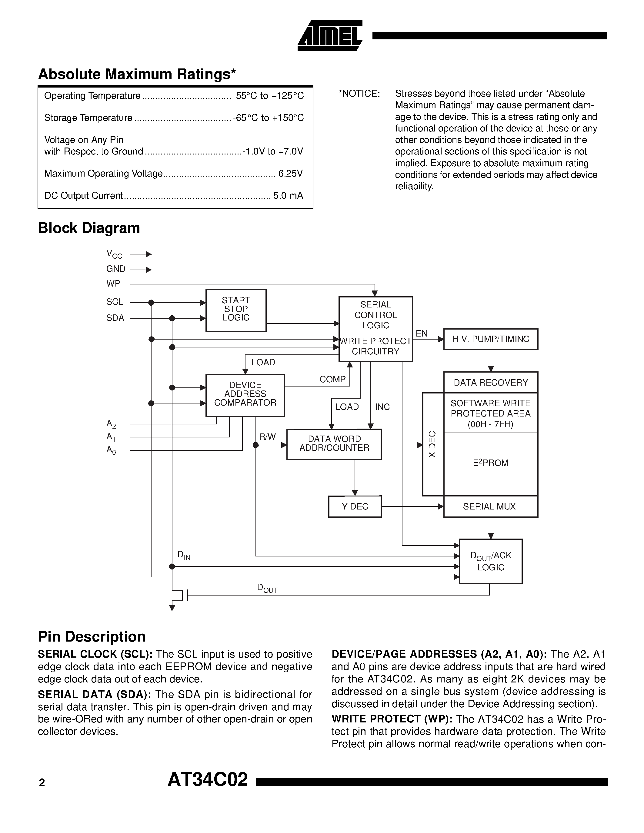 Datasheet AT34C02-10TI-1.8 page 2 Datasheet AT34C02-10TI-1.8 - 2-Wire Serial EEPROM with Permanent Software Write Protect page 2