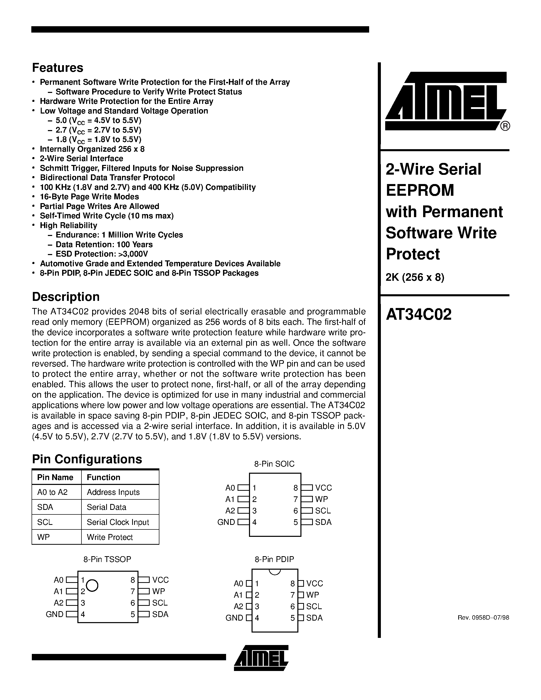 Даташит на микросхему AT34C02N-10SI страница 1 Даташит AT34C02N-10SI - 2-Wire Serial EEPROM with Permanent Software Write Protect страница 1