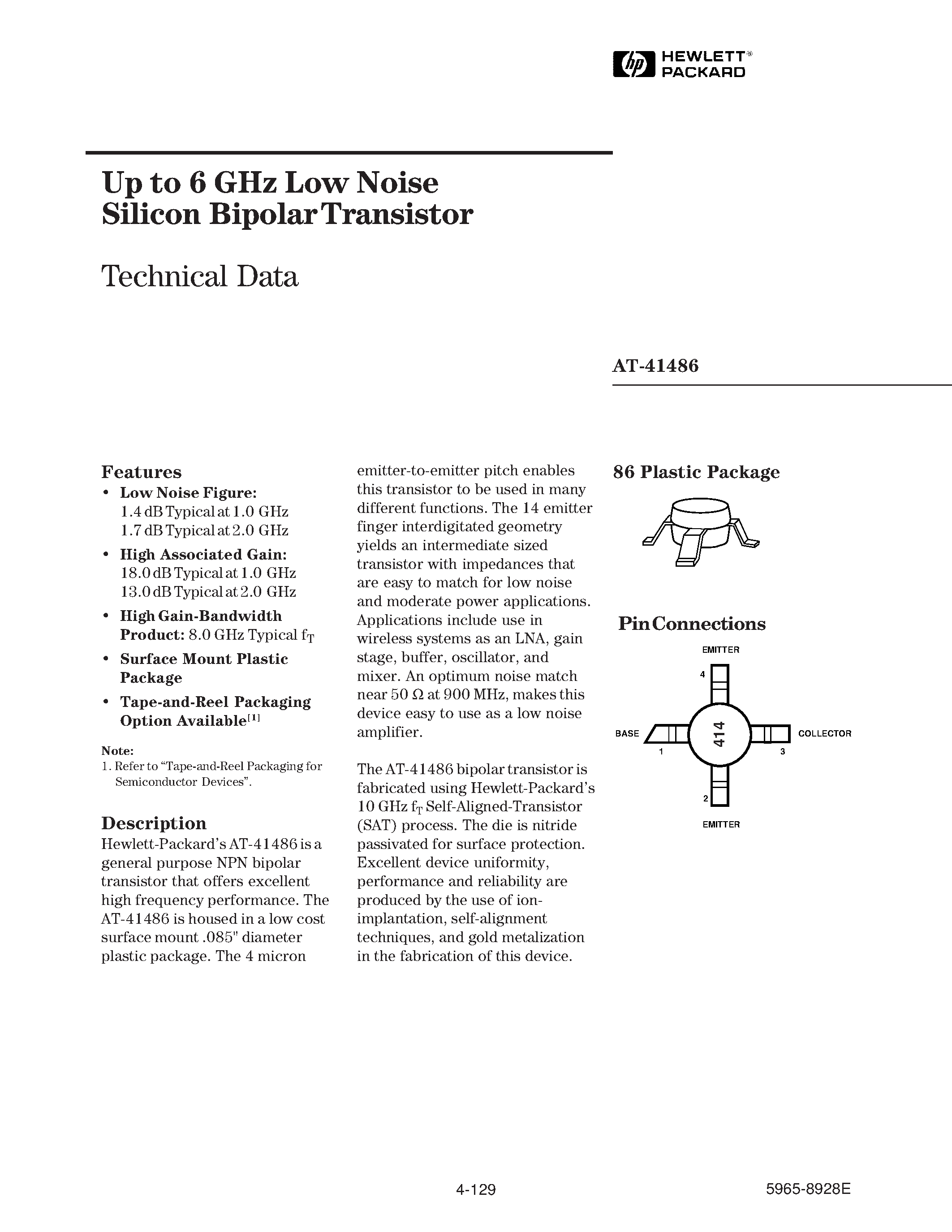 Datasheet AT41486 - Up to 6 GHz Low Noise Silicon Bipolar Transistor page 1