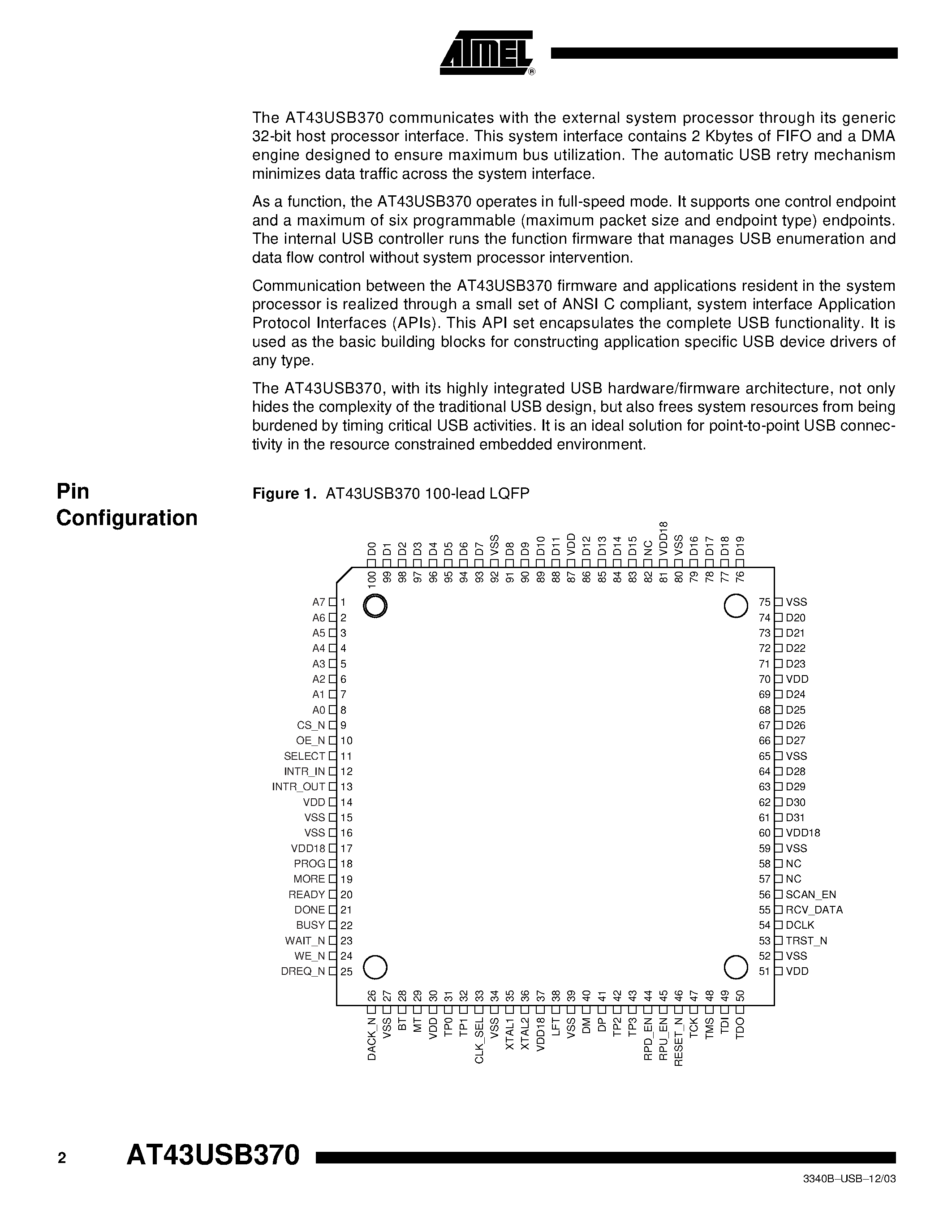 Datasheet AT43USB370E-AC page 2 Datasheet AT43USB370E-AC - USB 2.0 Full-Speed Host/Function Processor page 2