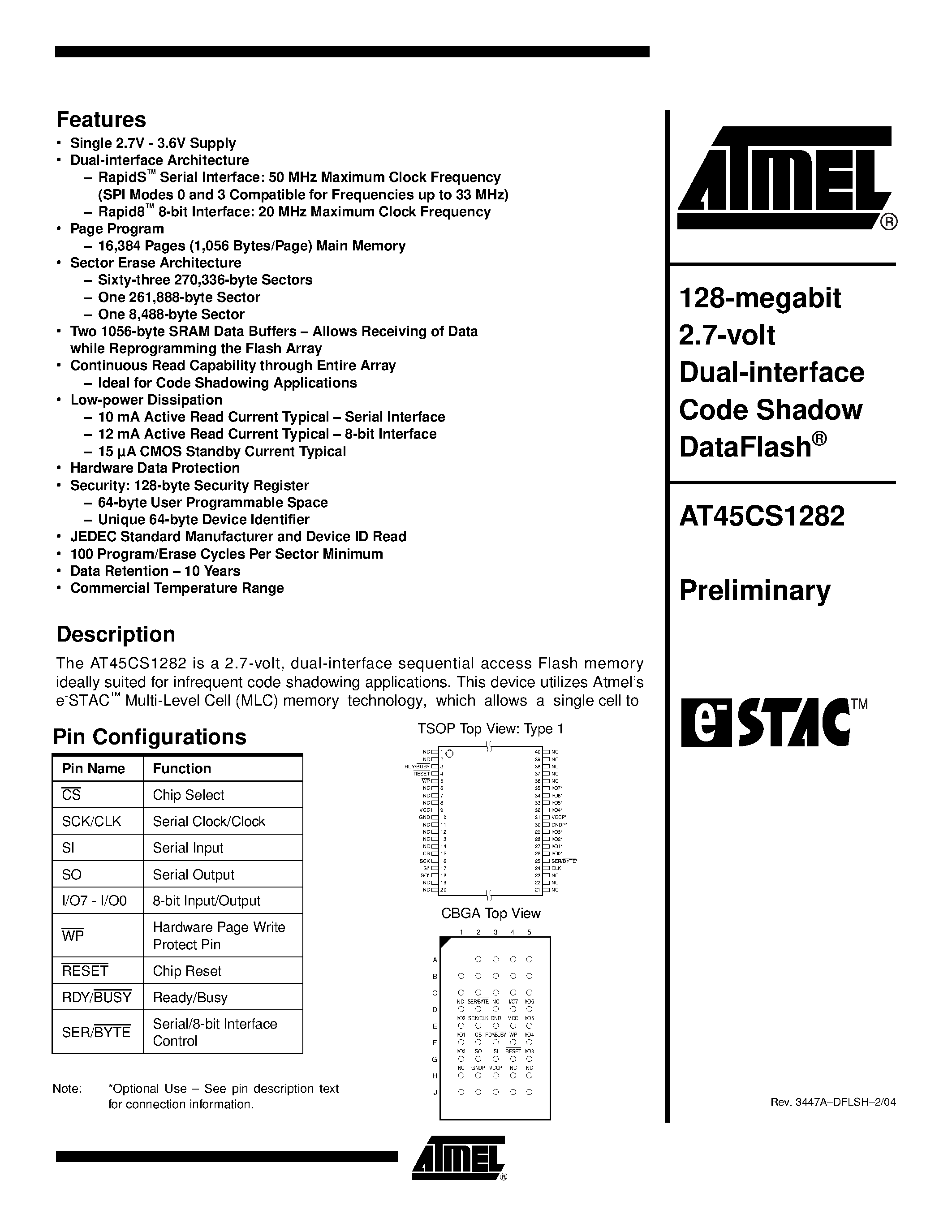 Datasheet AT45CS1282 - 128-megabit 2.7-volt Dual-interface Code Shadow DataFlash page 1