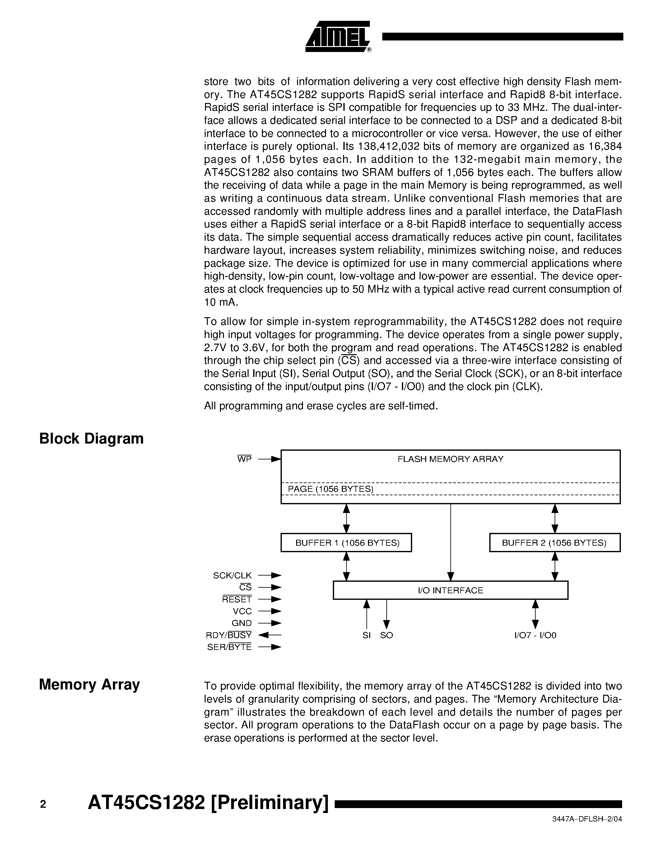 Datasheet AT45CS1282 - 128-megabit 2.7-volt Dual-interface Code Shadow DataFlash page 2