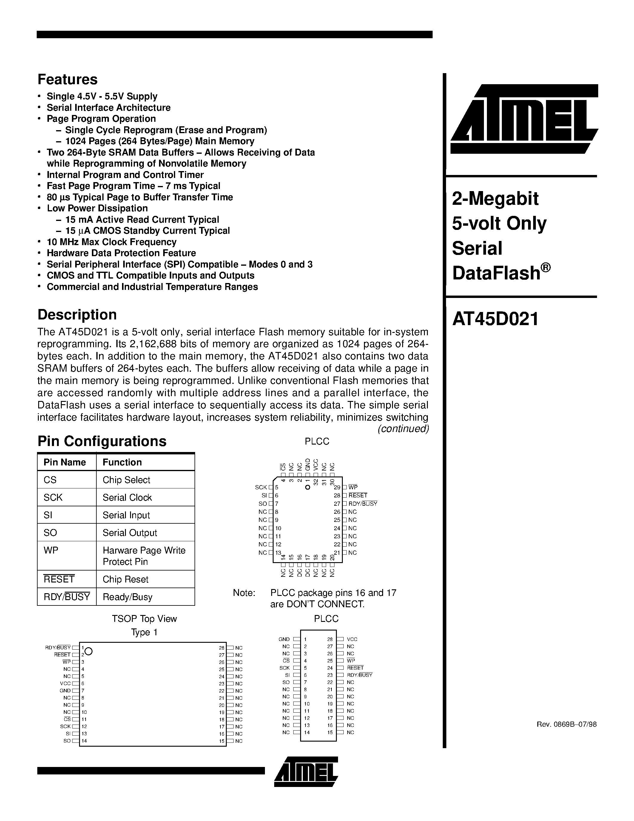 Datasheet AT45D021 - 2-Megabit 5-volt Only Serial DataFlash page 1