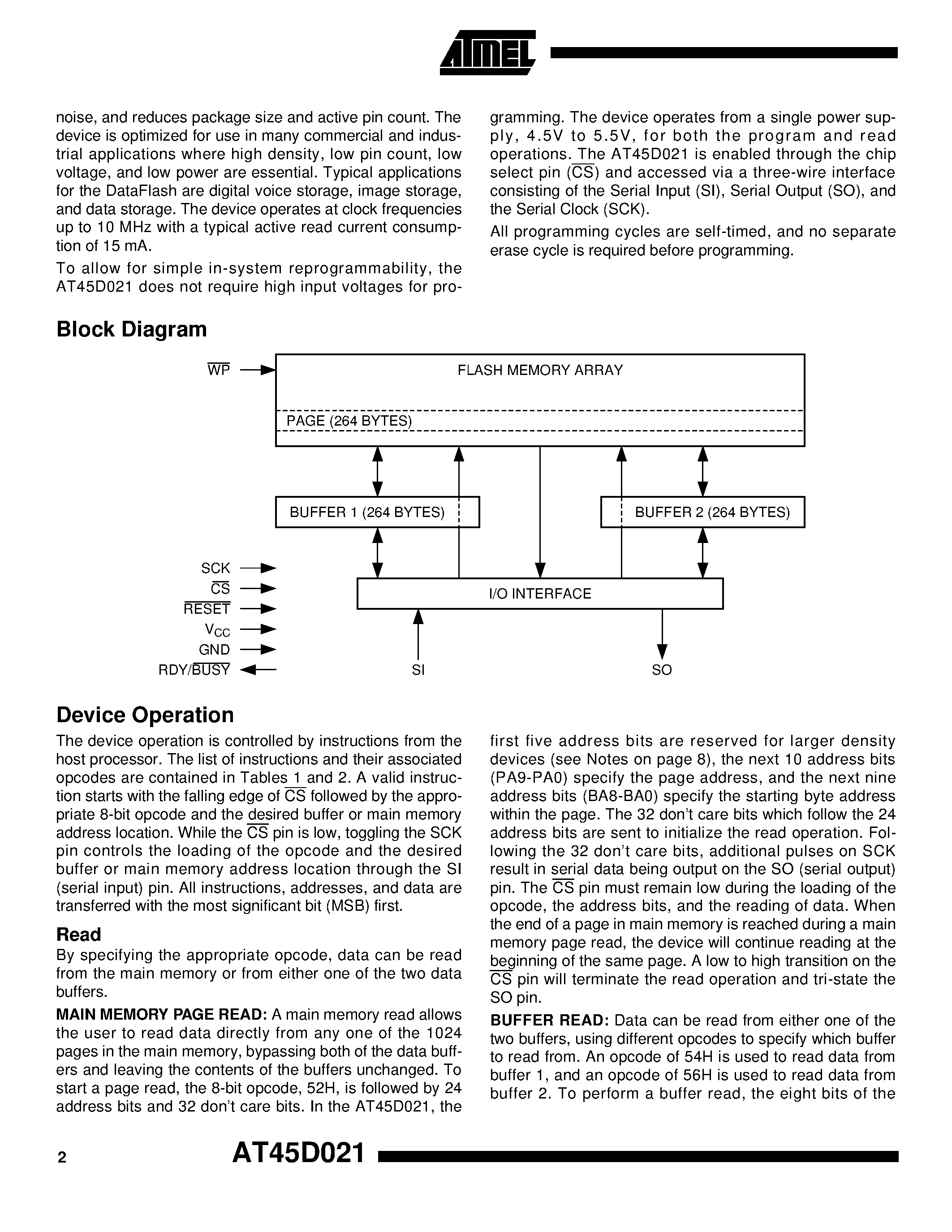 Datasheet AT45D021-JC - 2-Megabit 5-volt Only Serial DataFlash page 2