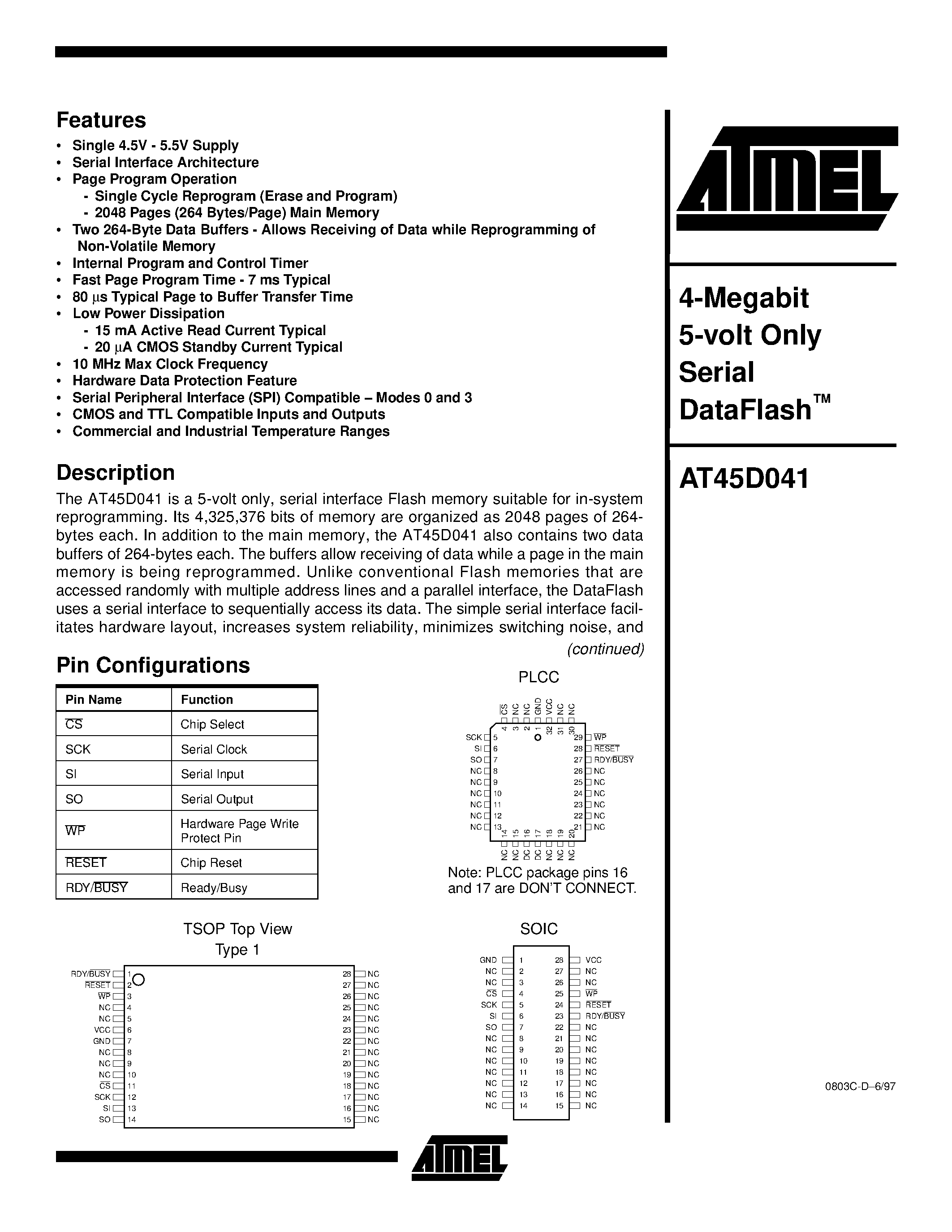 Datasheet AT45D041-JC - 4-Megabit 5-volt Only Serial DataFlash page 1
