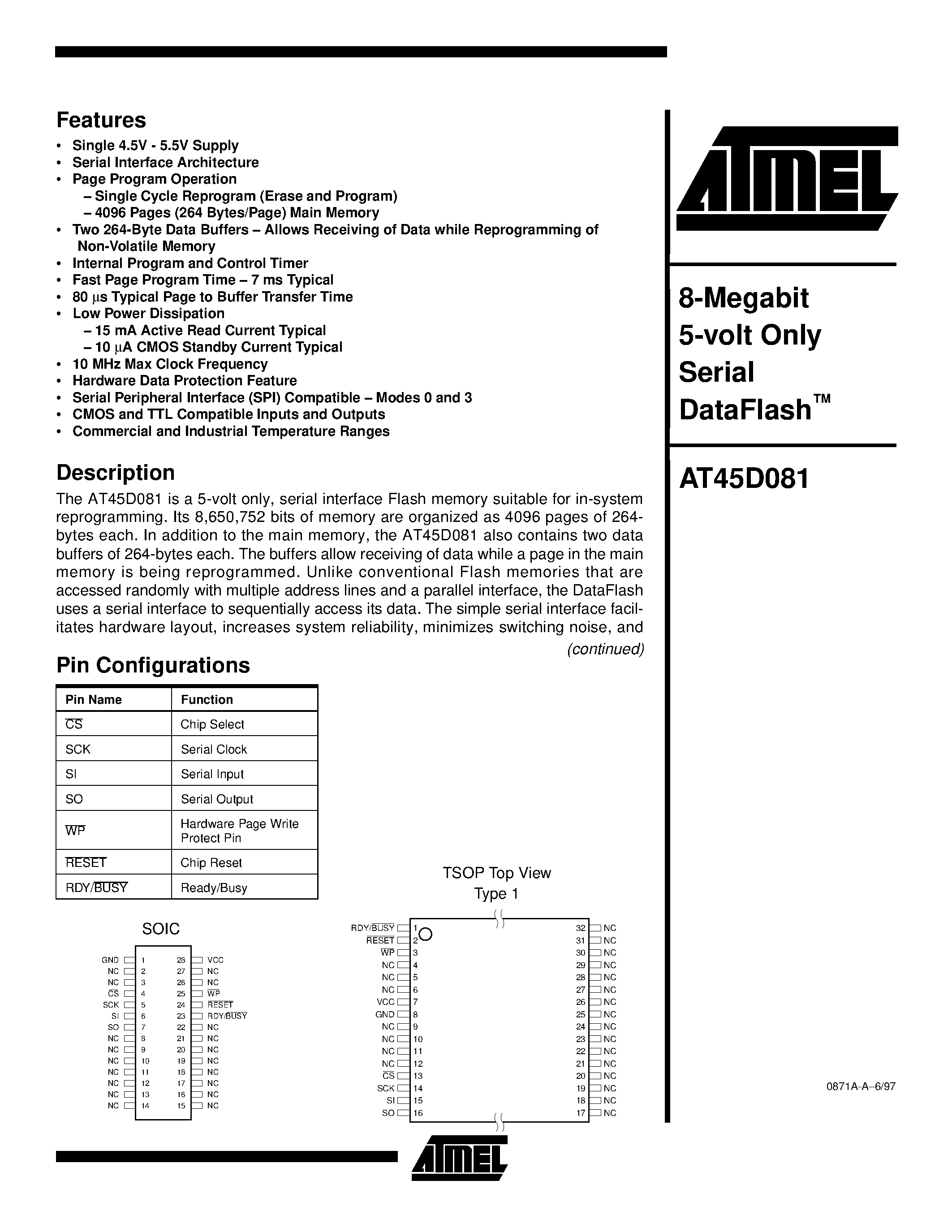 Datasheet AT45D081-TI - 8-Megabit 5-volt Only Serial DataFlash page 1