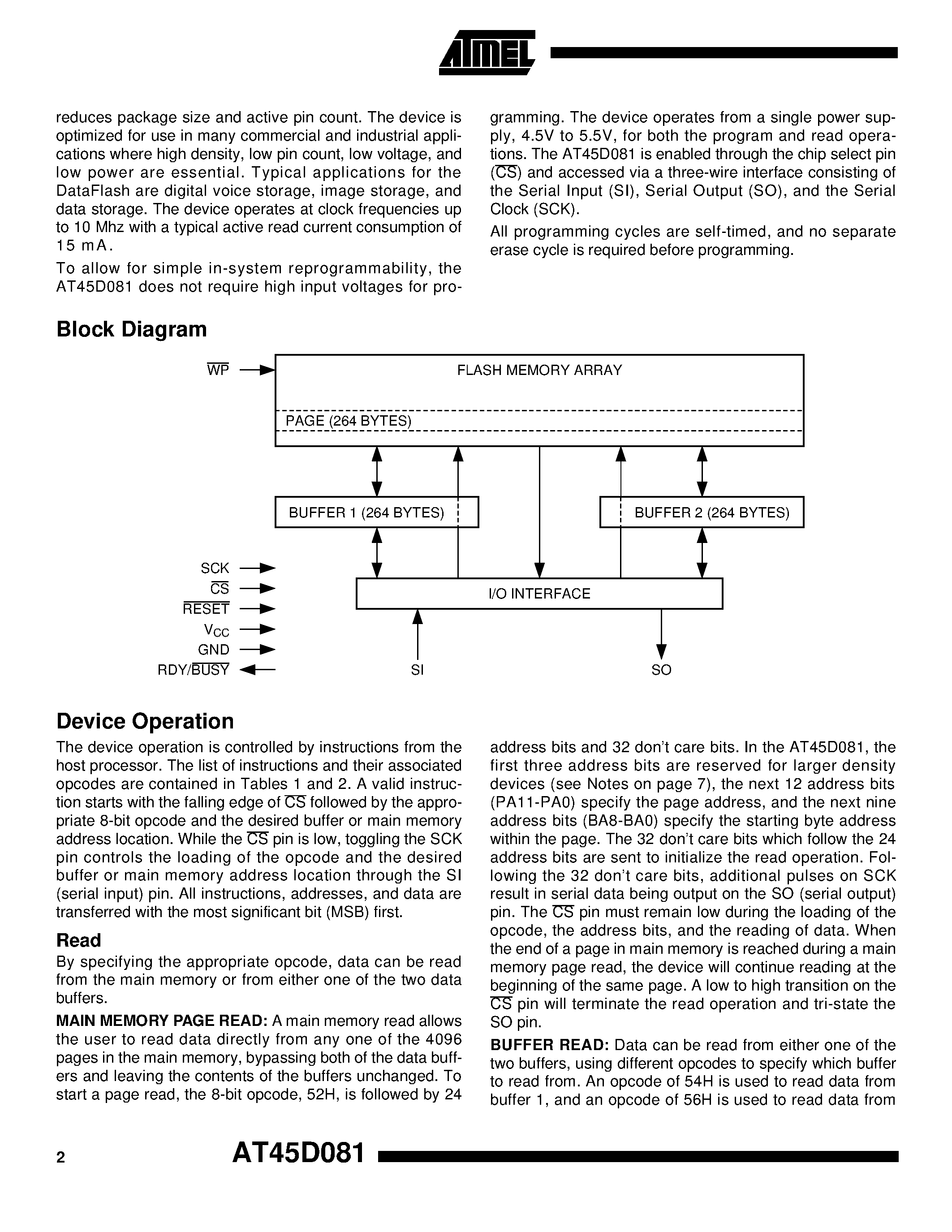 Datasheet AT45D081-TI - 8-Megabit 5-volt Only Serial DataFlash page 2