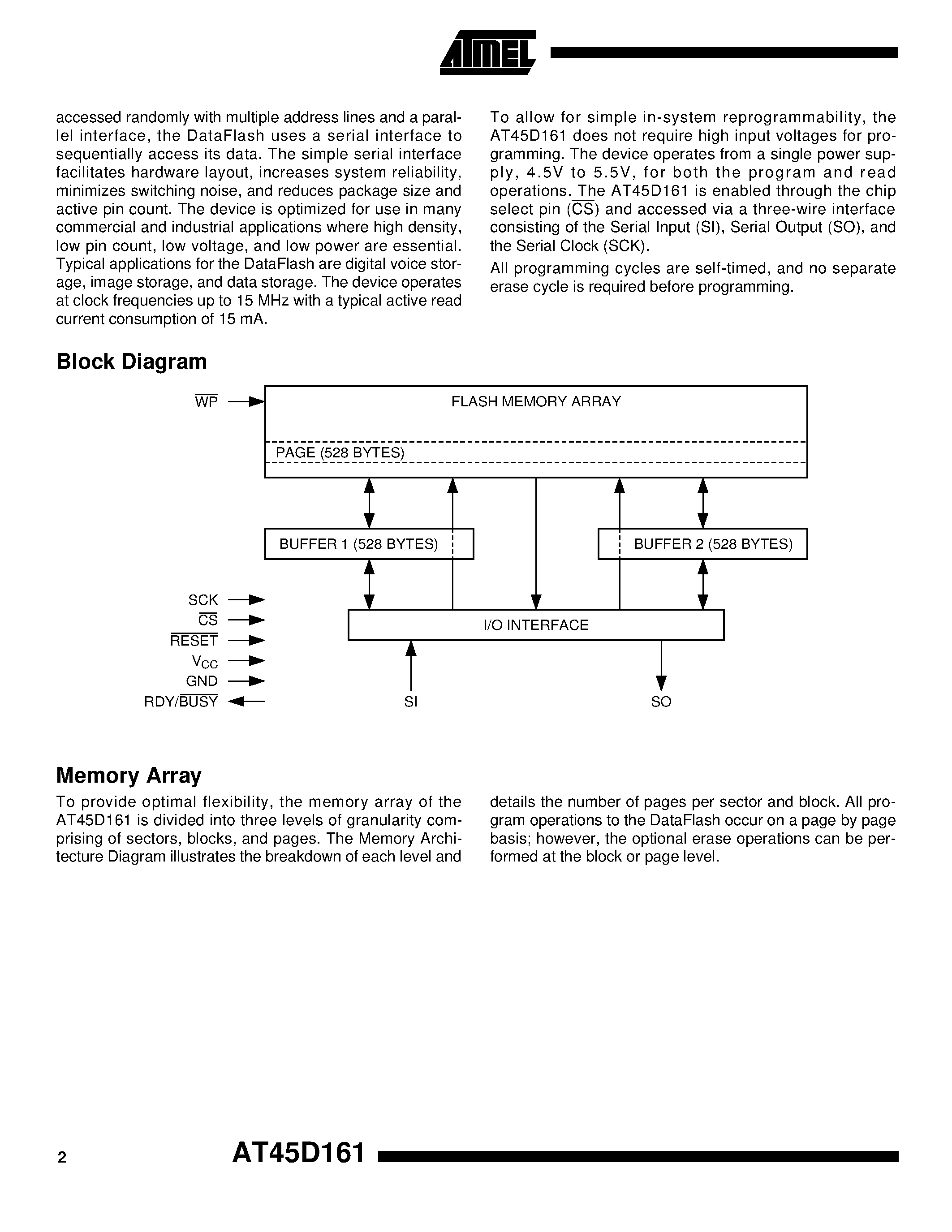 Datasheet AT45D161-RC - 16-Megabit 5-volt Only Serial DataFlash page 2