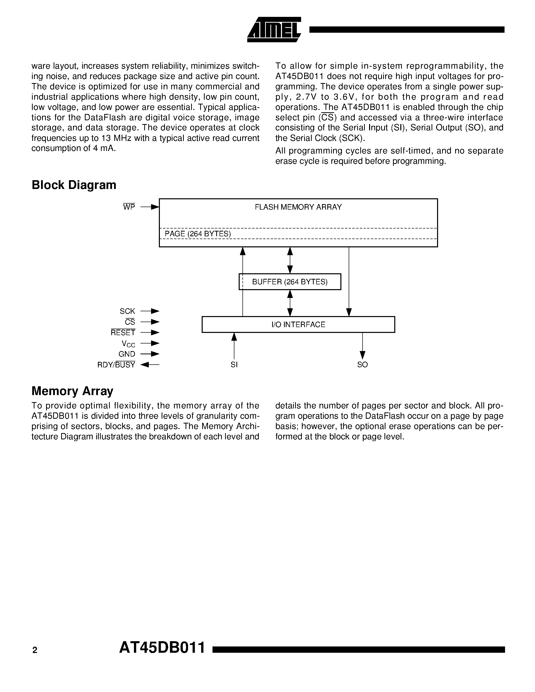 Datasheet AT45DB011-JC - 1-Megabit 2.7-volt Only Serial DataFlash page 2