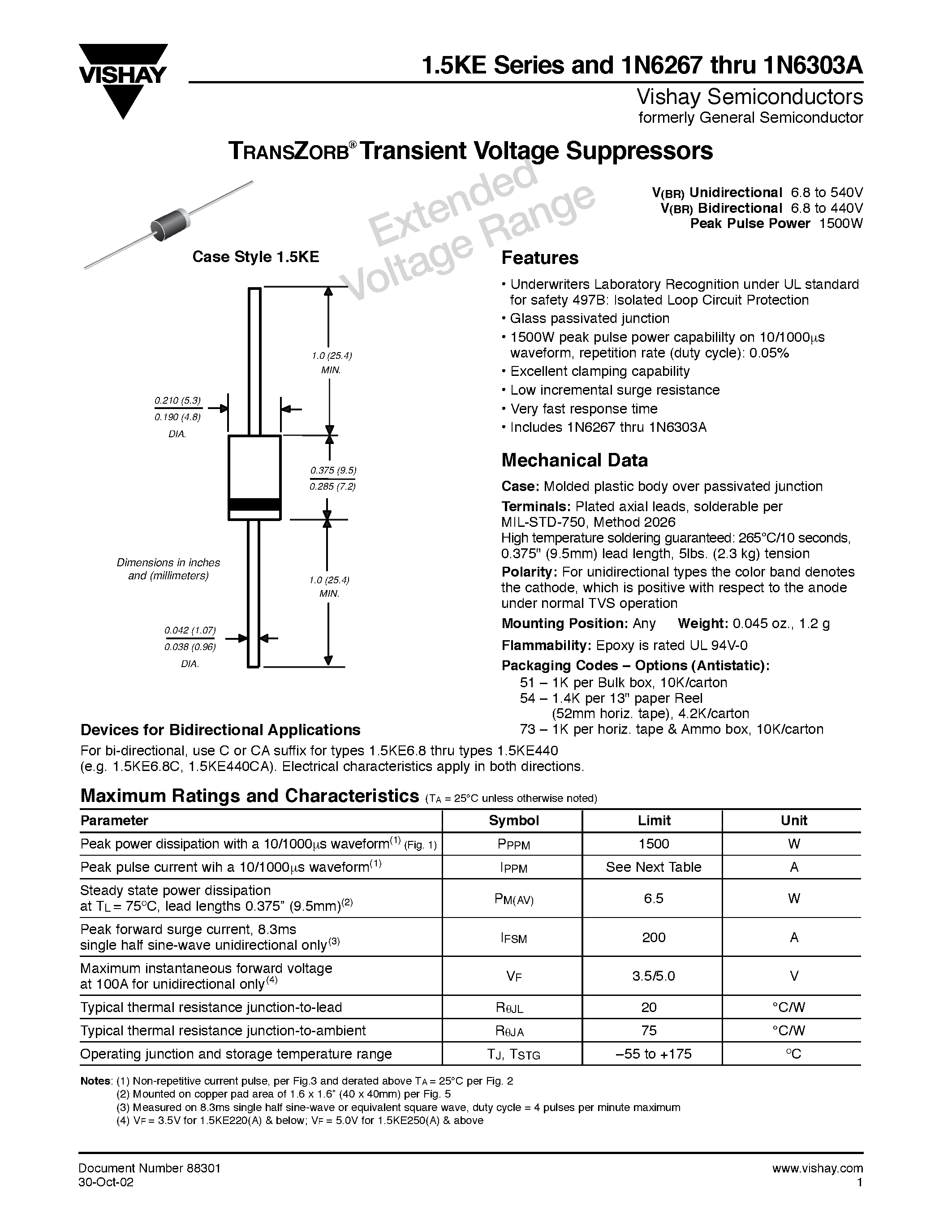 Datasheet 1.5KE - TRANSZORB Transient Voltage Suppressors page 1
