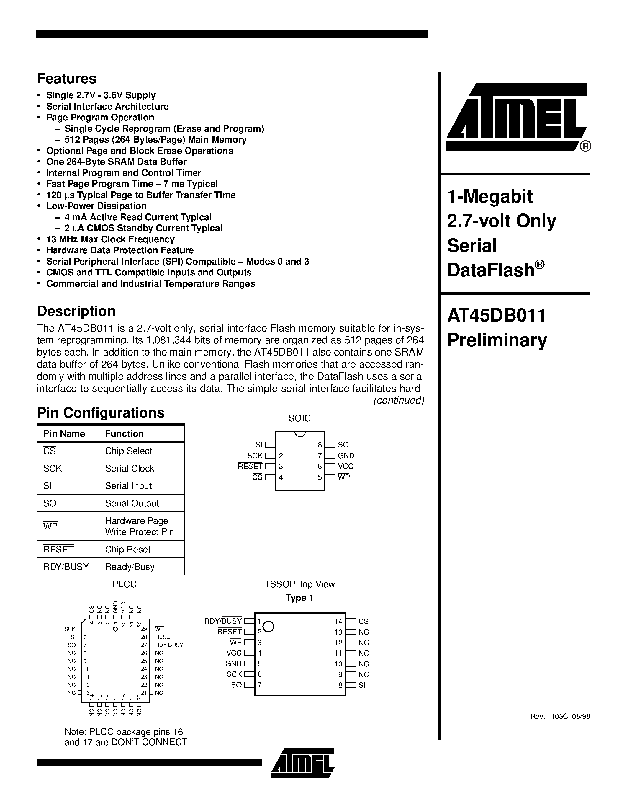 Datasheet AT45DB011-XI - 1-Megabit 2.7-volt Only Serial DataFlash page 1