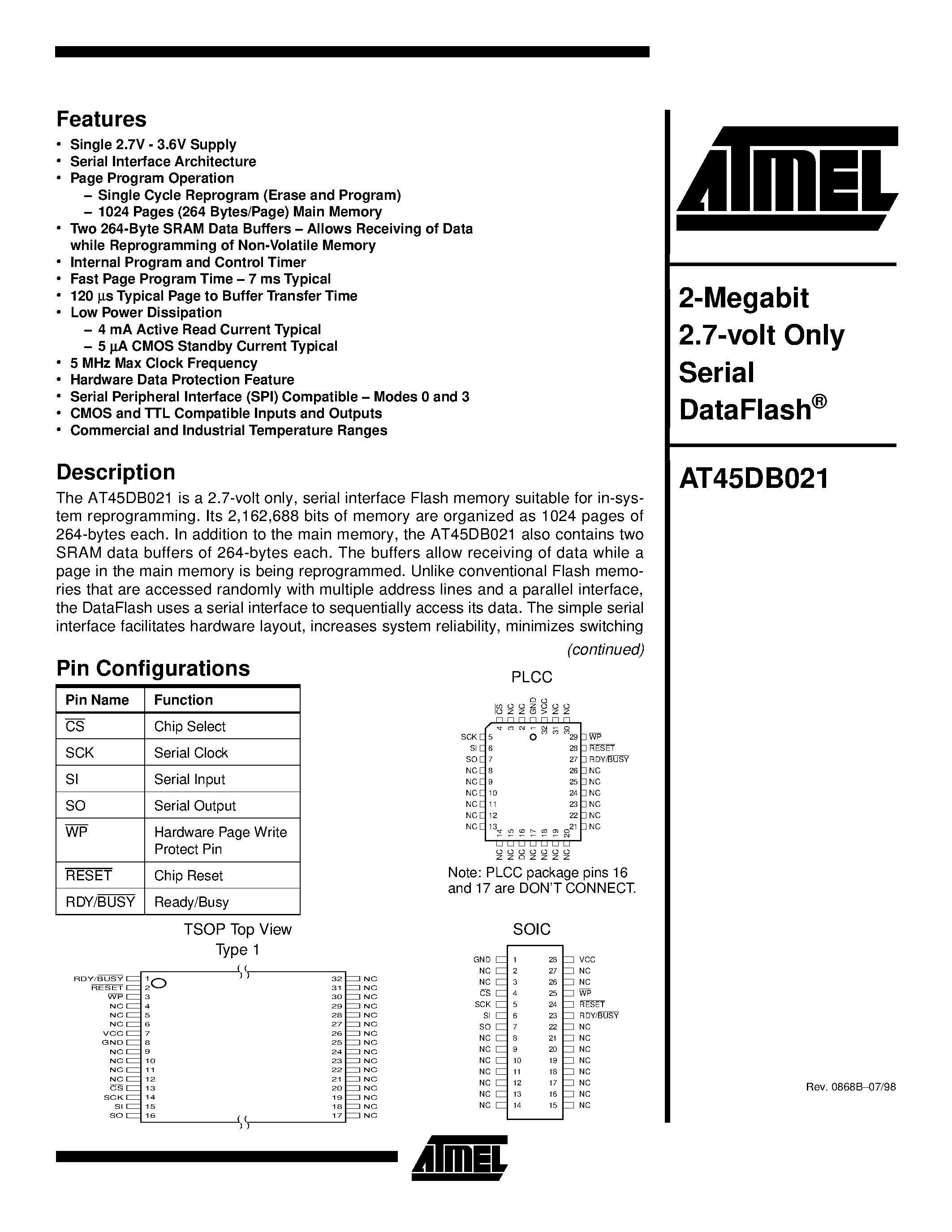 Даташит AT45DB021-RI - 2-Megabit 2.7-volt Only Serial DataFlash страница 1