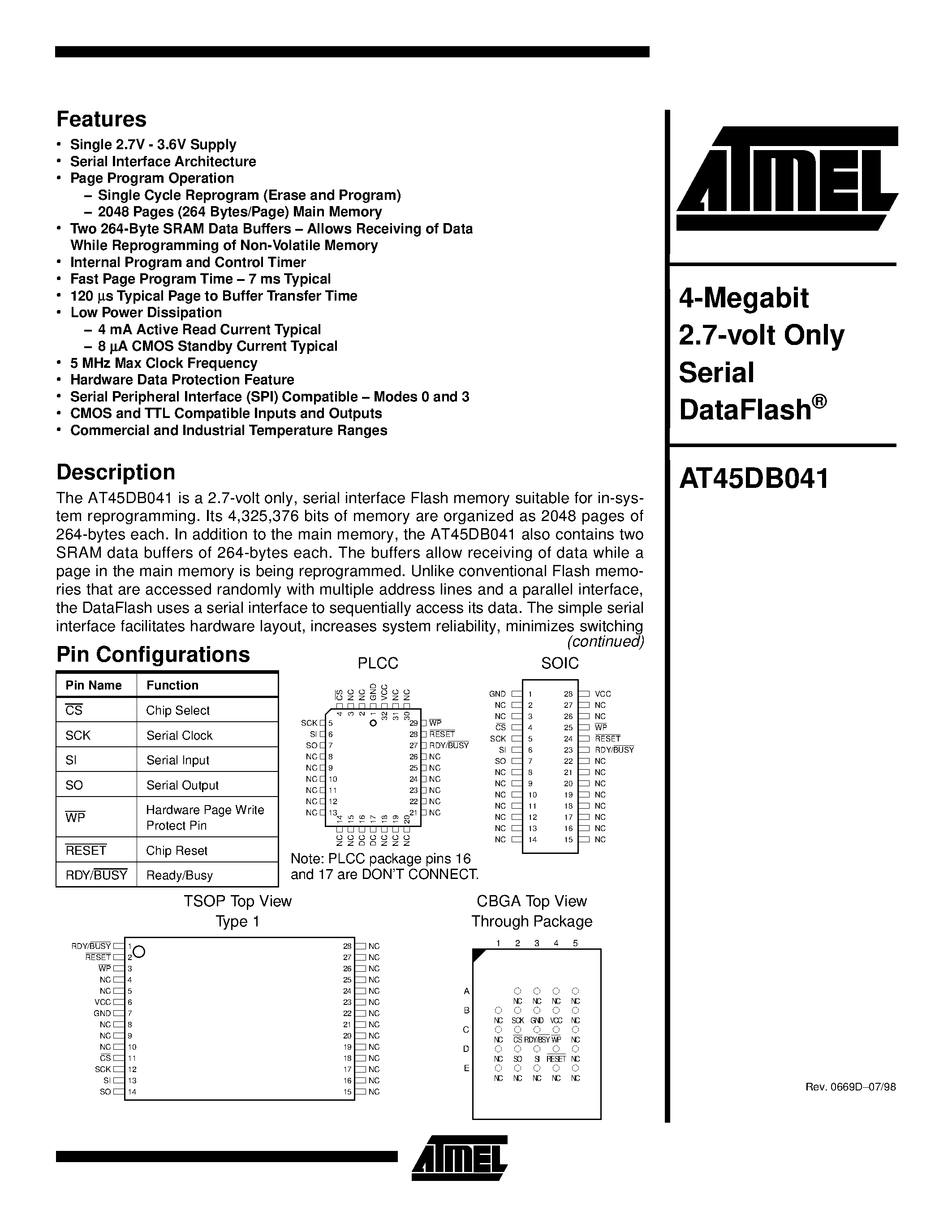 Datasheet AT45DB041-TI - 4-Megabit 2.7-volt Only Serial DataFlash page 1