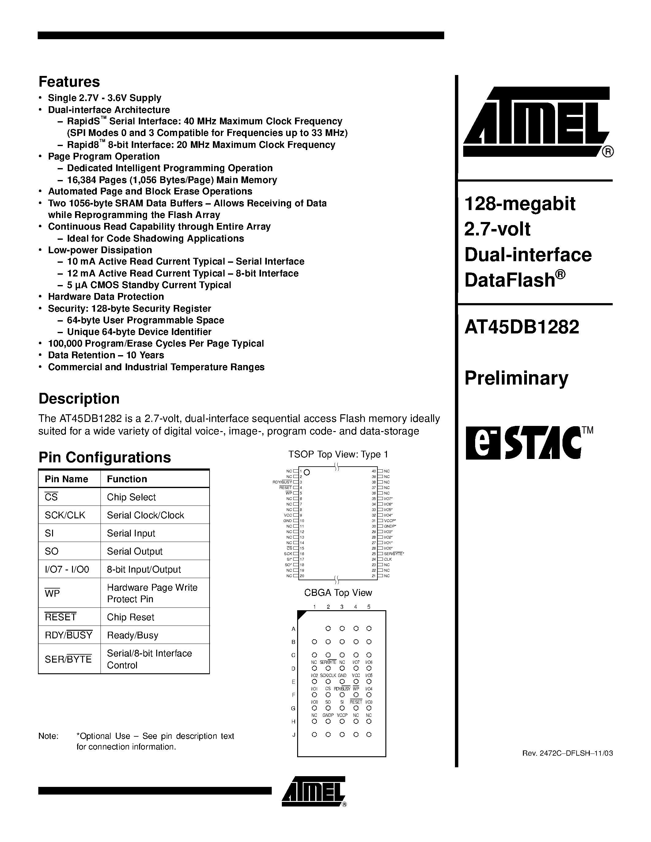 Datasheet AT45DB1282-TI - 128-megabit 2.7-volt Dual-interface DataFlash page 1