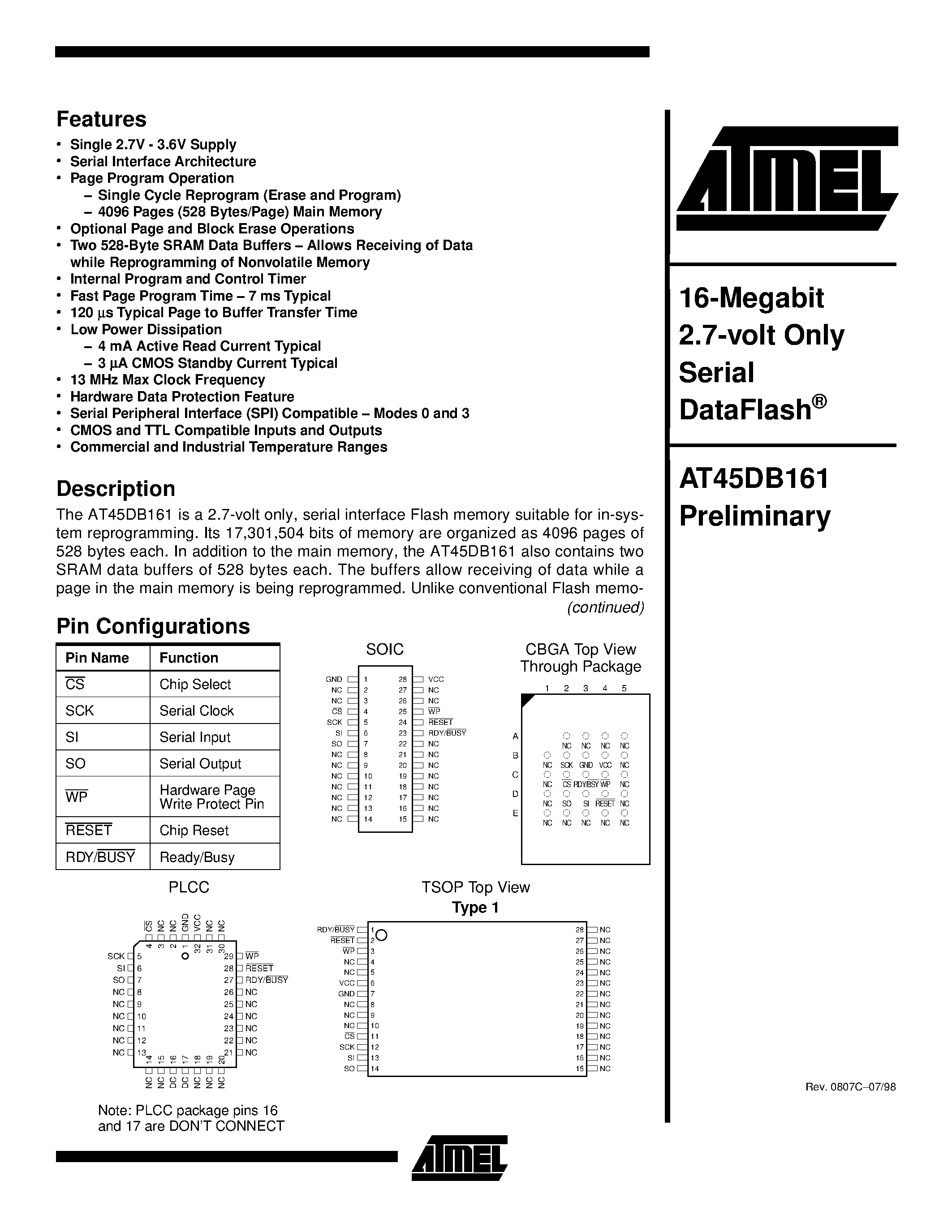 Datasheet AT45DB161-CC - 16-Megabit 2.7-volt Only Serial DataFlash page 1