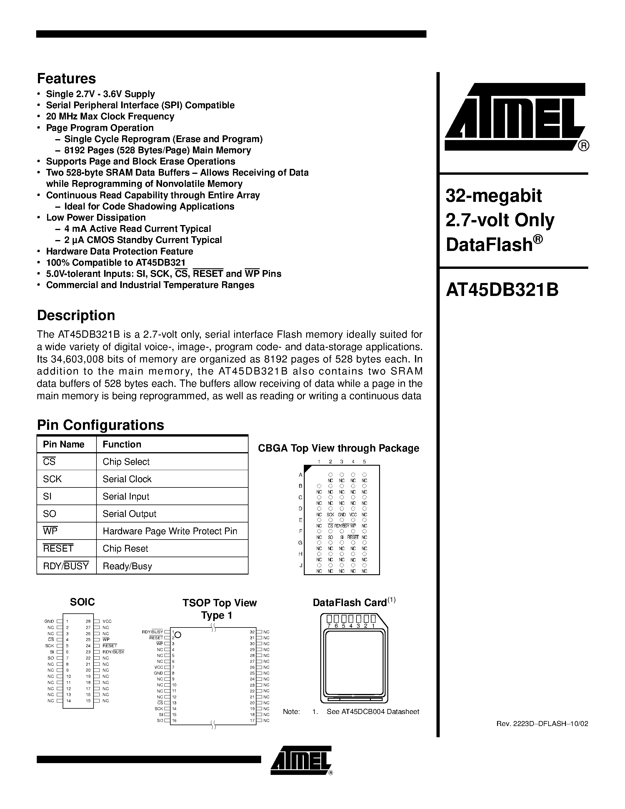 Datasheet AT45DB321B-RC - 32-megabit 2.7-volt Only DataFlash page 1