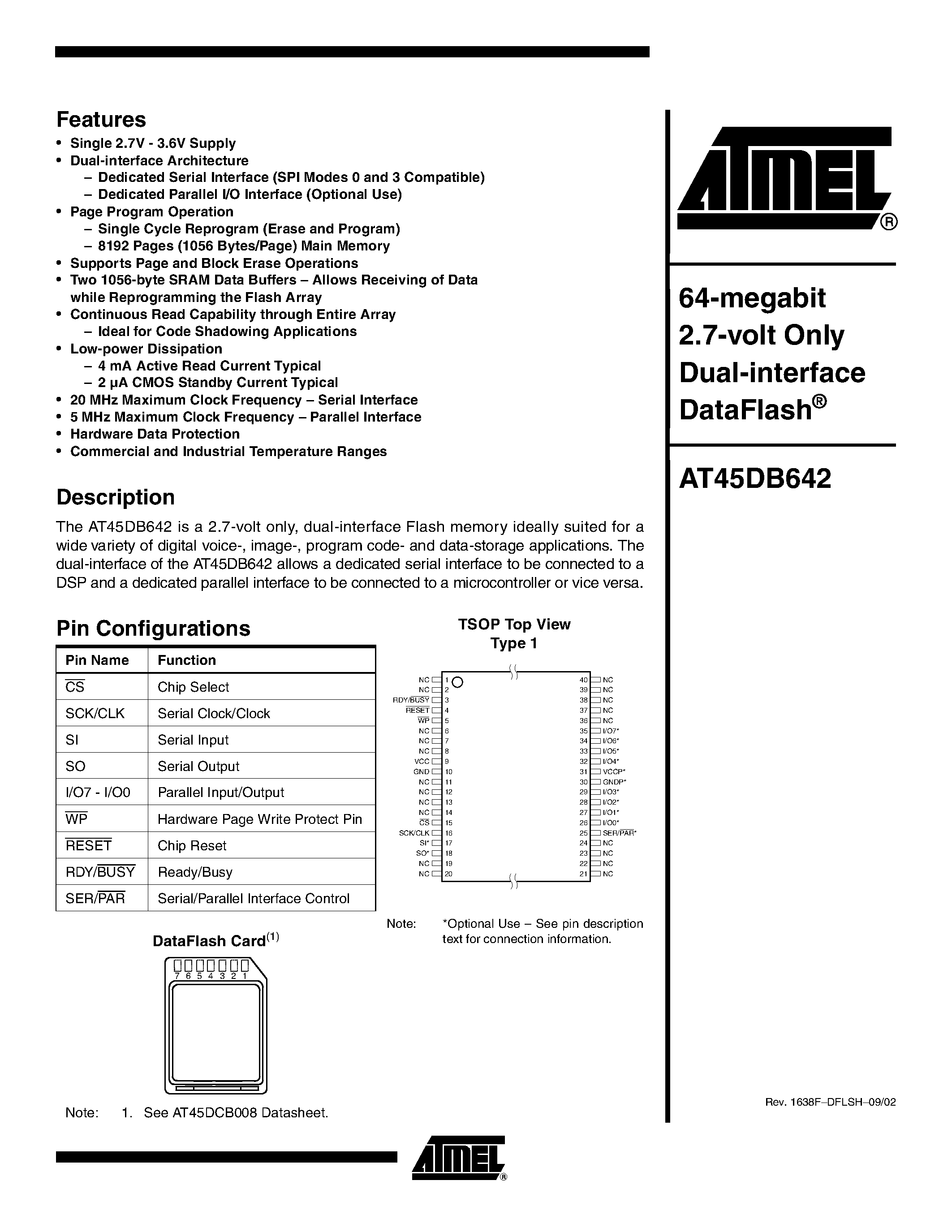 Datasheet AT45DB642-TC - 64-megabit 2.7-volt Only Dual-interface DataFlash page 1