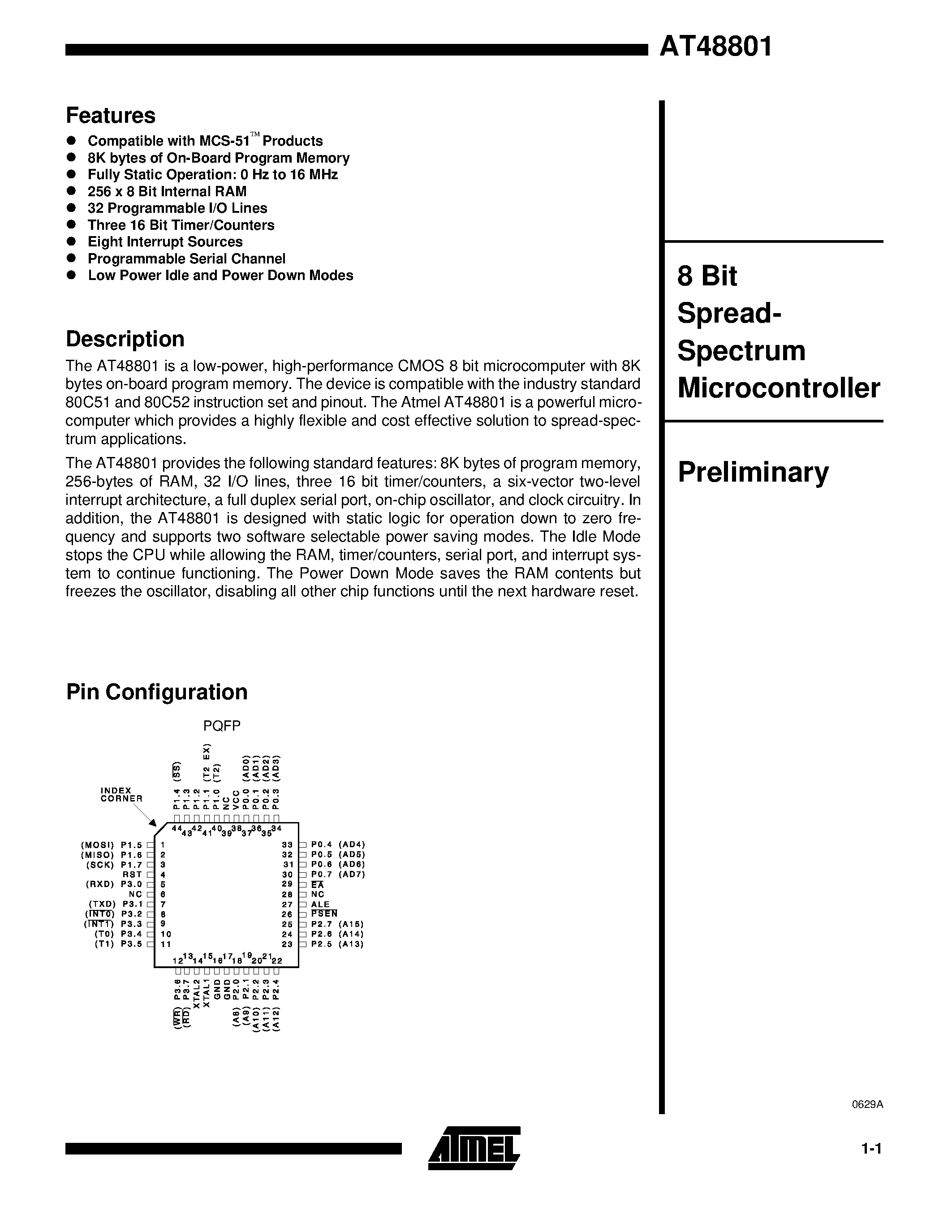 Даташит AT48801-16QC - 8 Bit Spread- Spectrum Microcontroller страница 1