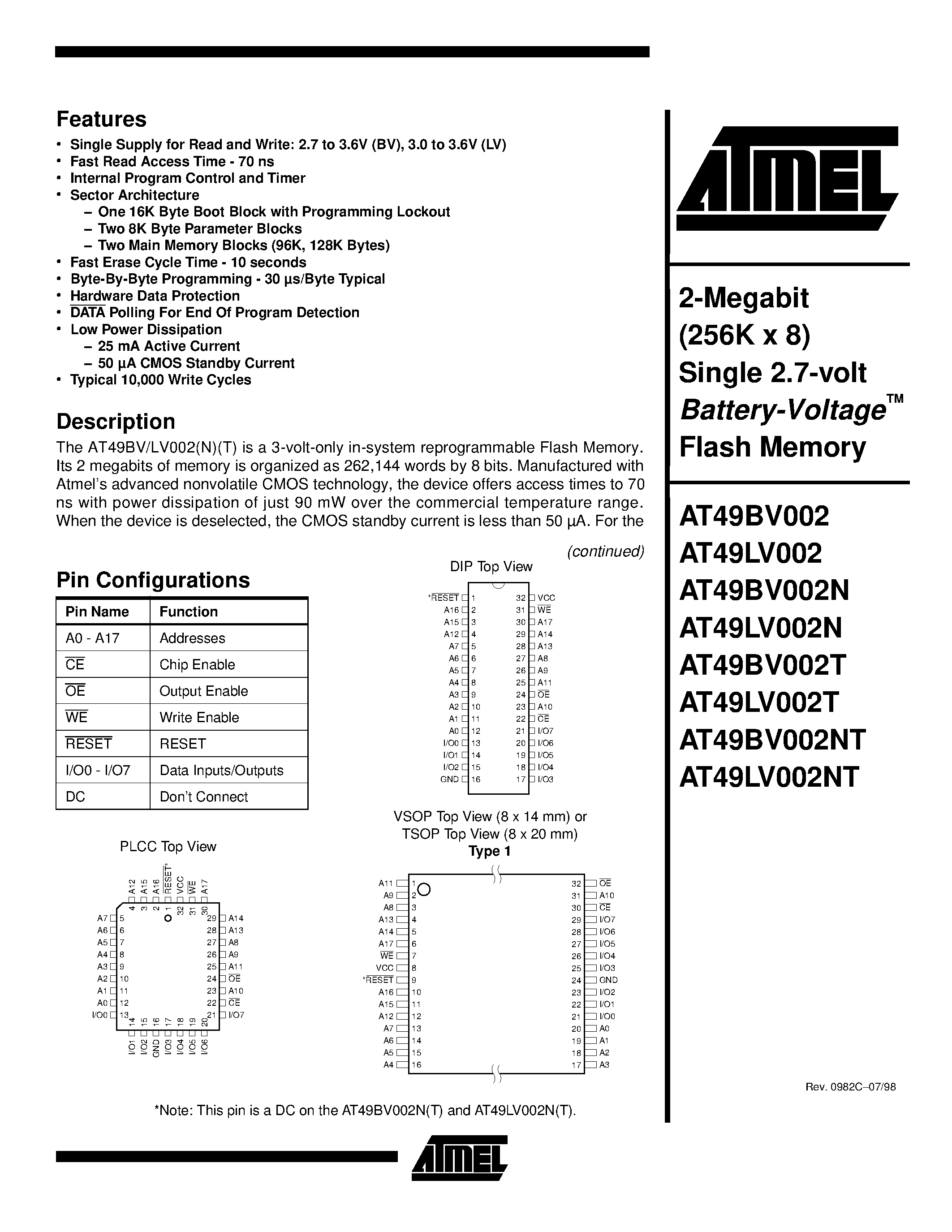 Datasheet AT49BV-LV002 - 2-Megabit (256K x 8) Single 2.7-volt Battery-Voltage Flash Memory page 1