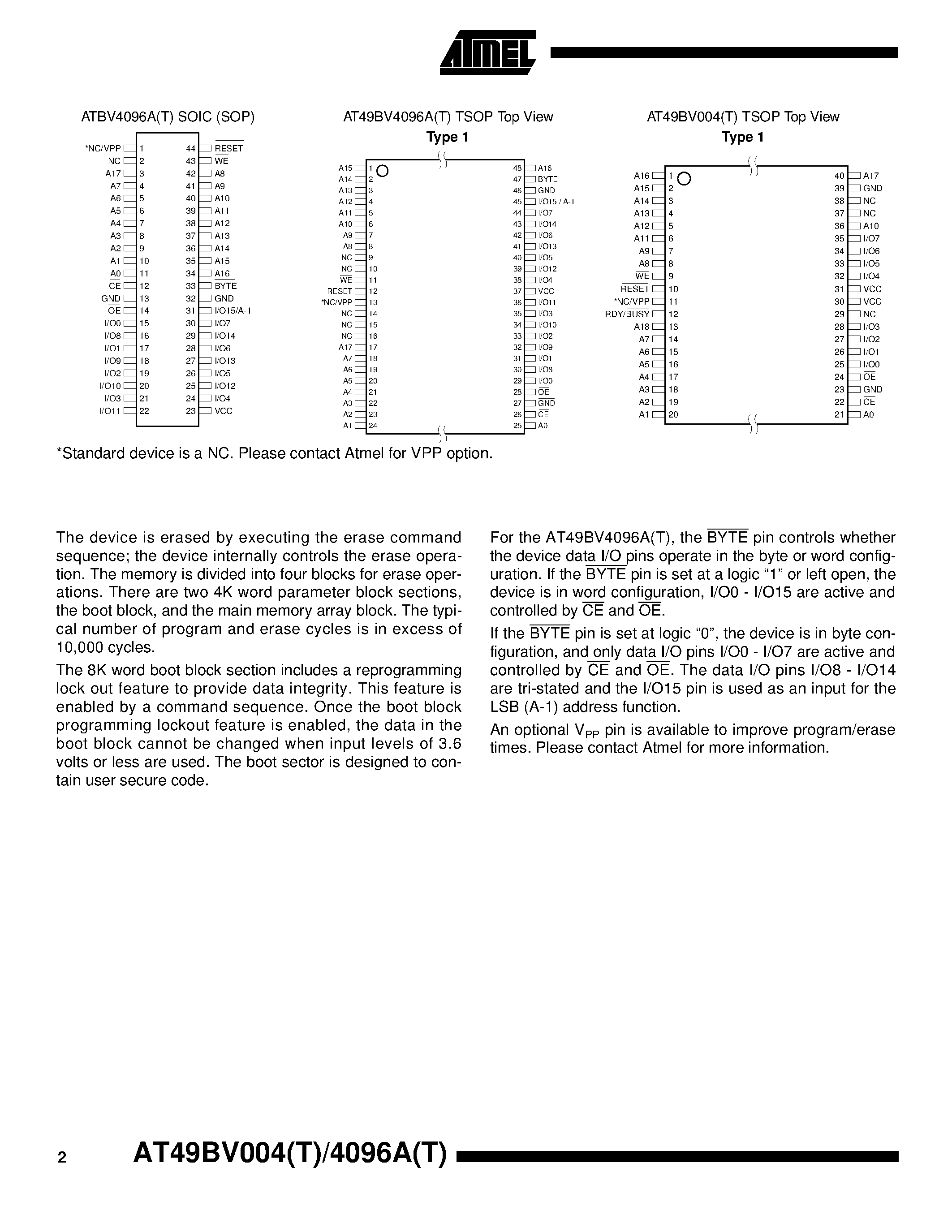 Datasheet AT49BV004T - 4-Megabit 512K x 8/ 256K x 16 CMOS Flash Memory page 2