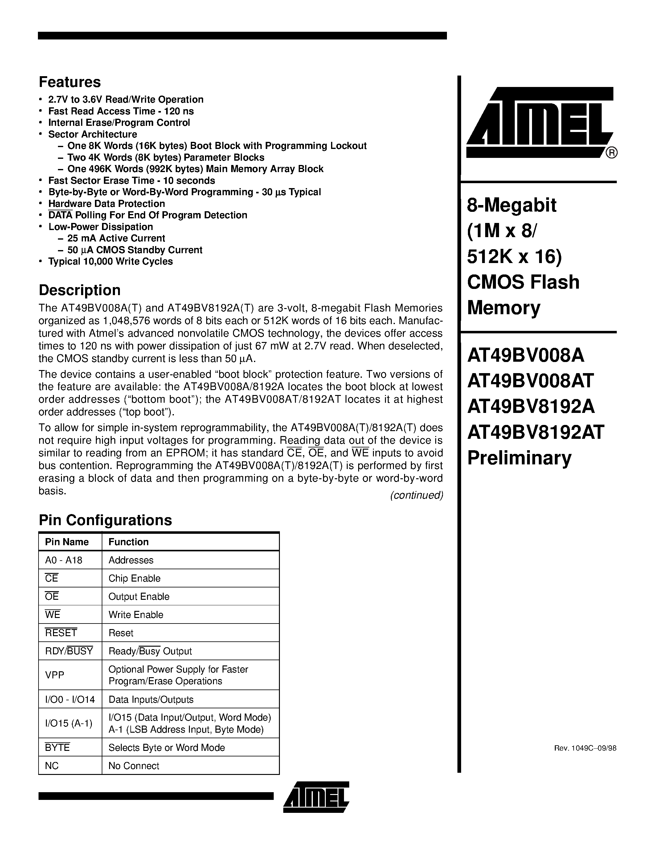 Datasheet AT49BV008A-15TC - 8-Megabit 1M x 8/ 512K x 16 CMOS Flash Memory page 1