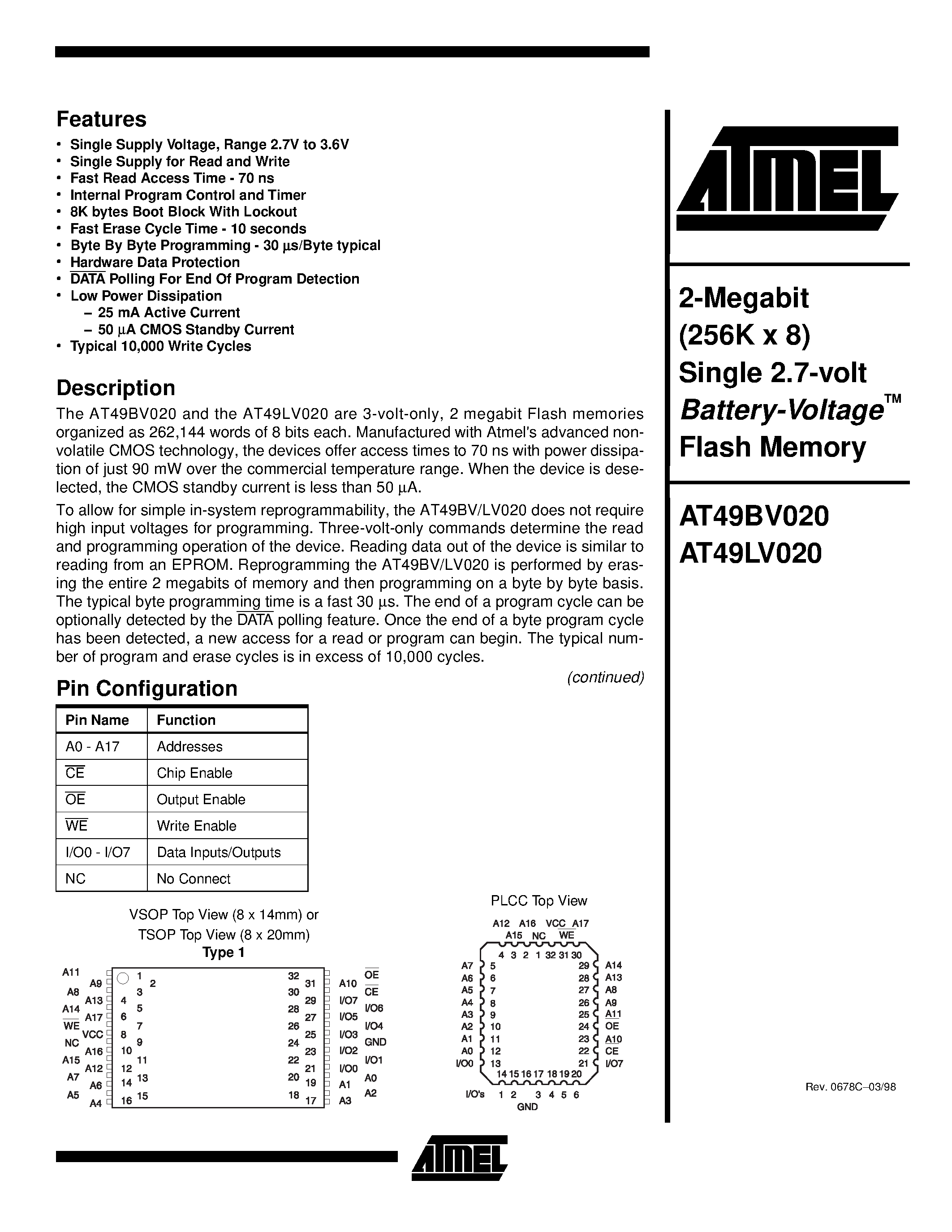Datasheet AT49BV020-70TI page 1 Datasheet AT49BV020-70TI - 2-Megabit 256K x 8 Single 2.7-volt Battery-Voltage Flash Memory page 1