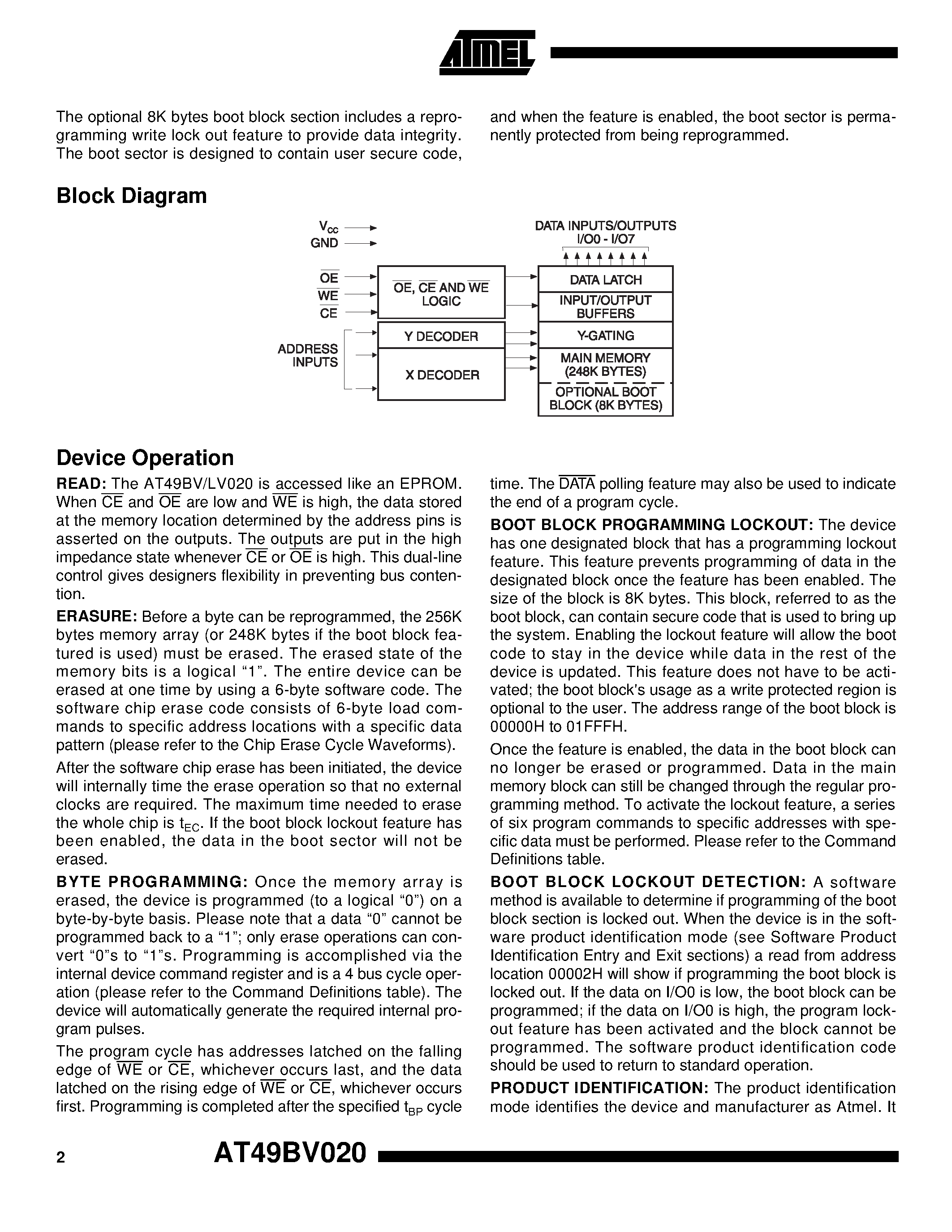 Datasheet AT49BV020-70TI page 2 Datasheet AT49BV020-70TI - 2-Megabit 256K x 8 Single 2.7-volt Battery-Voltage Flash Memory page 2