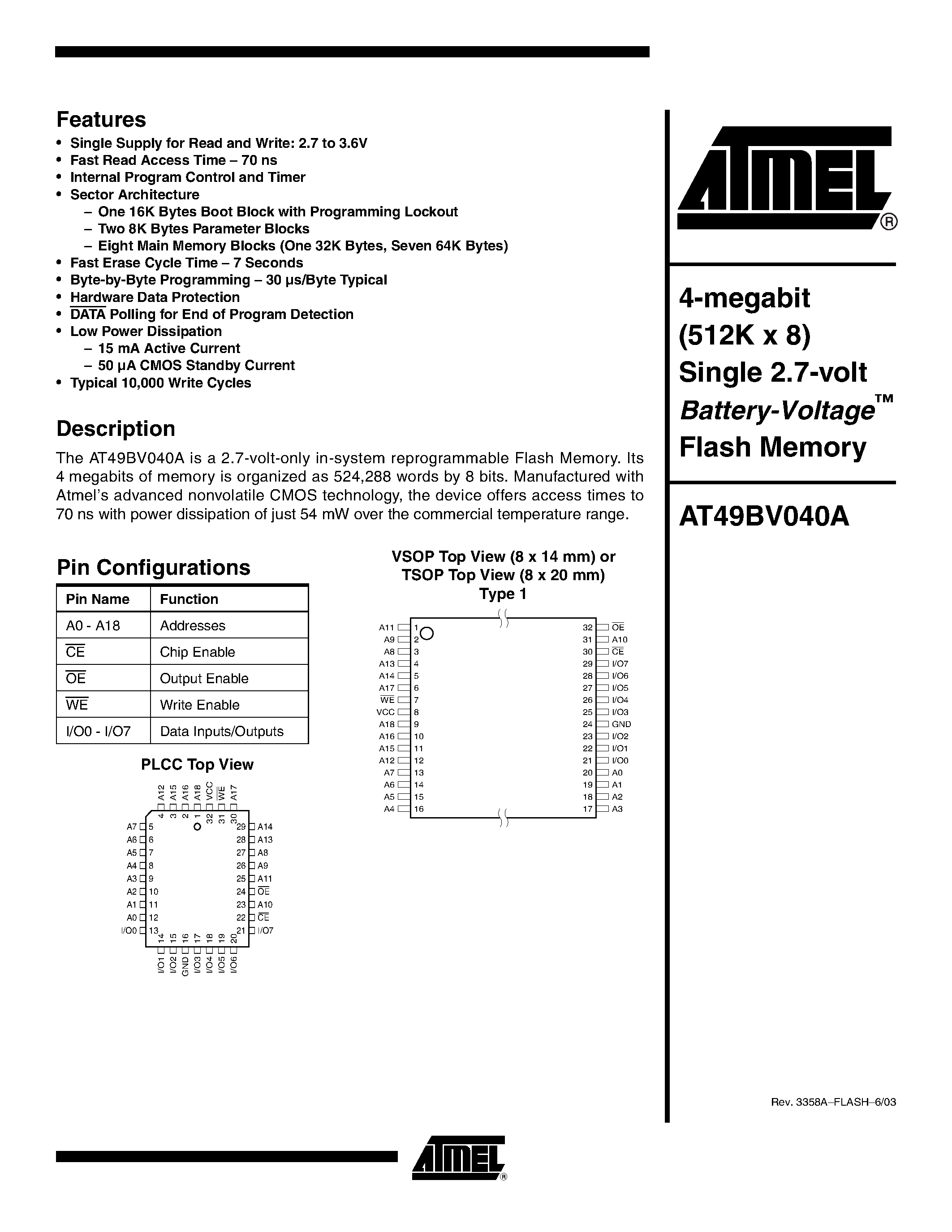 Даташит AT49BV040A-70JI - 4-megabit (512K x 8) Single 2.7-volt Battery-Voltage Flash Memory страница 1