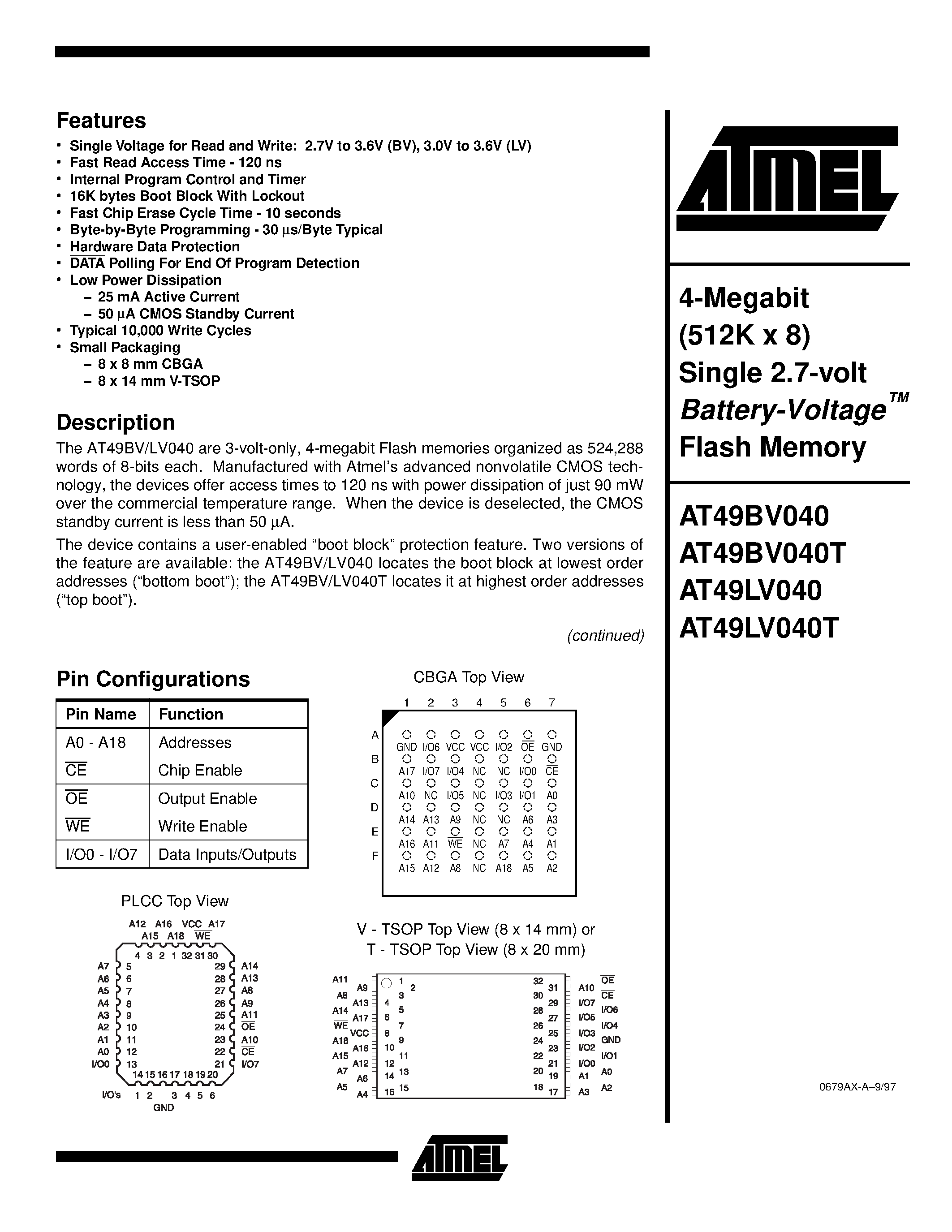 Datasheet AT49BV040T-20CC - 4-Megabit 512K x 8 Single 2.7-volt Battery-Voltage Flash Memory page 1