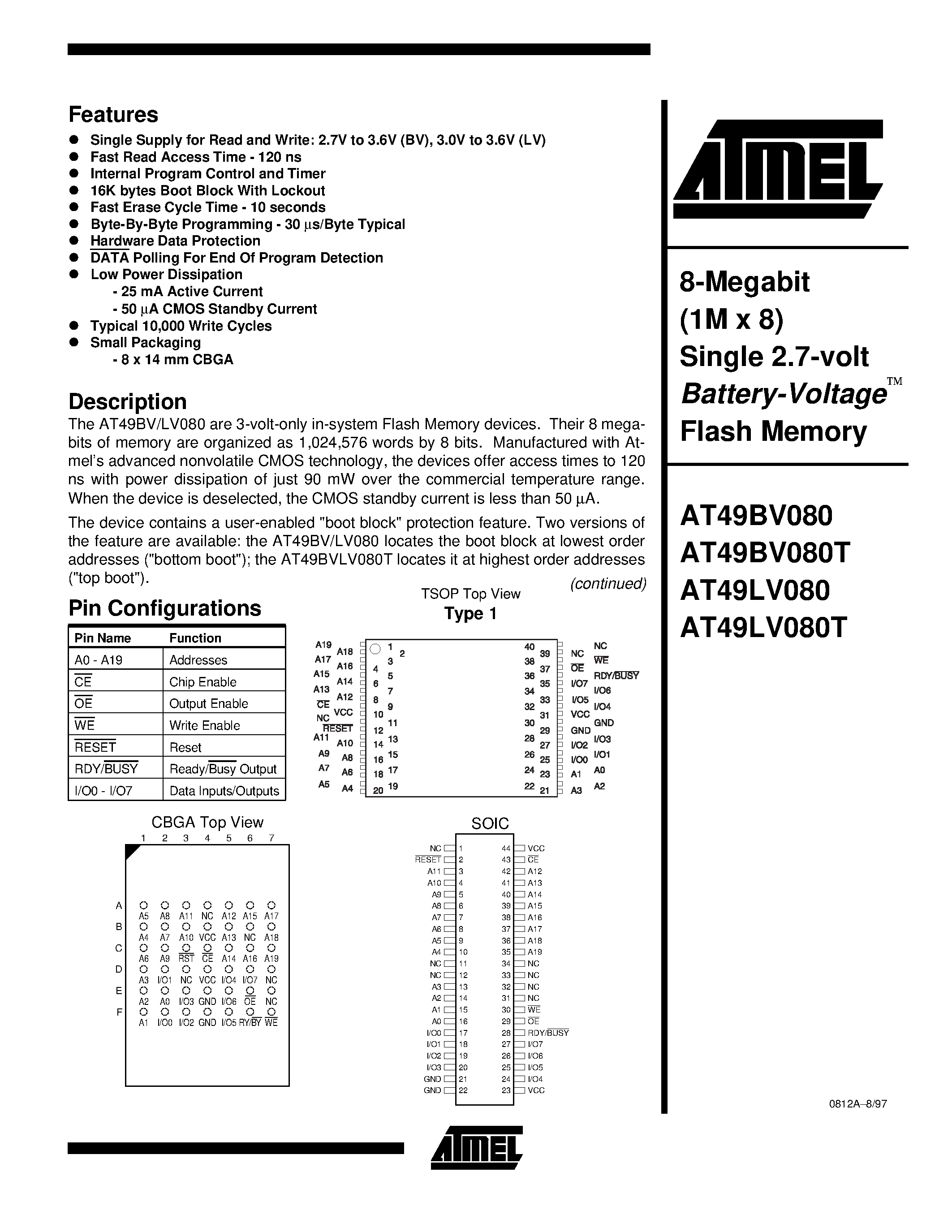 Datasheet AT49BV080-15CC - 8-Megabit 1M x 8 Single 2.7-volt Battery-Voltage Flash Memory page 1