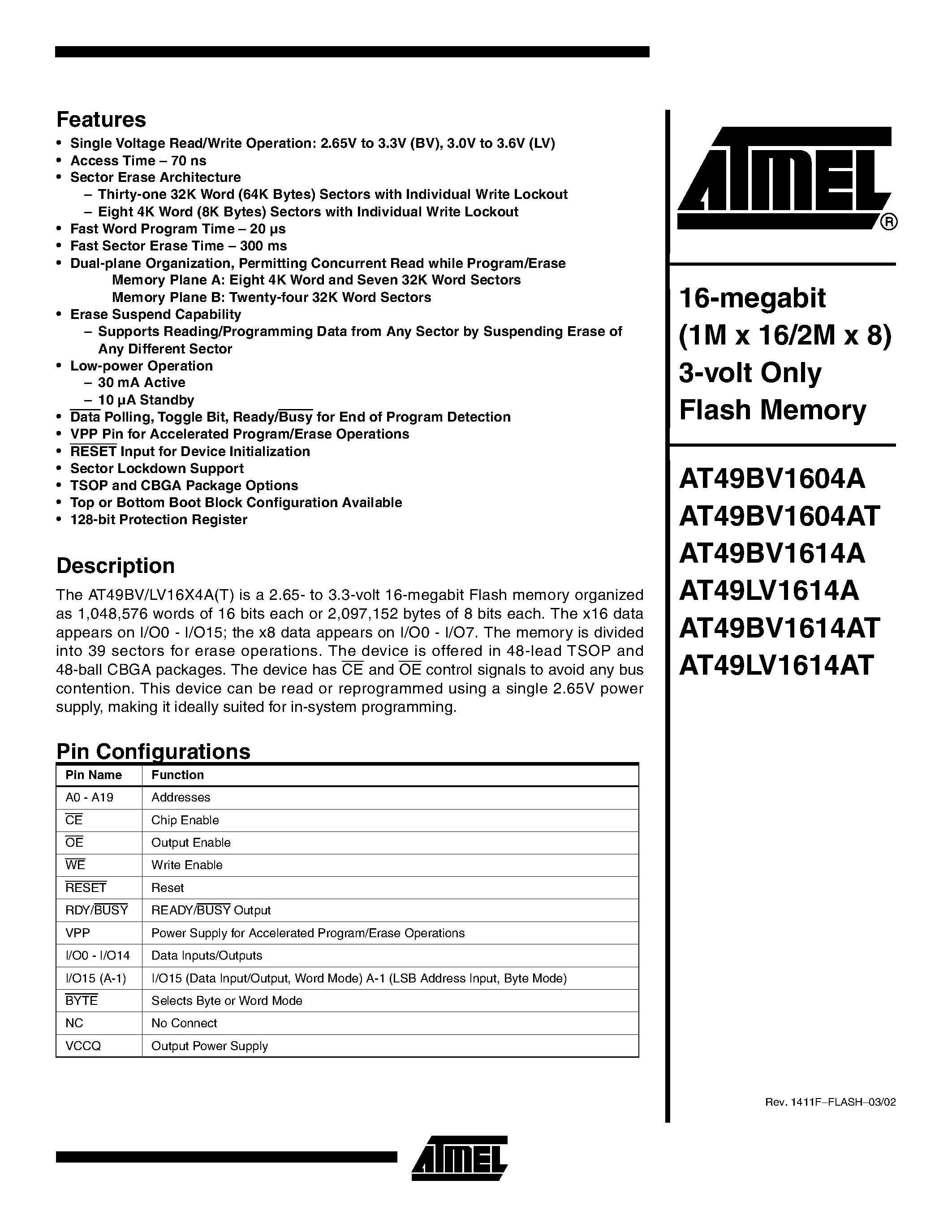 Datasheet AT49BV1604AT-70TI - 16-megabit 1M x 16/2M x 8 3-volt Only Flash Memory page 1