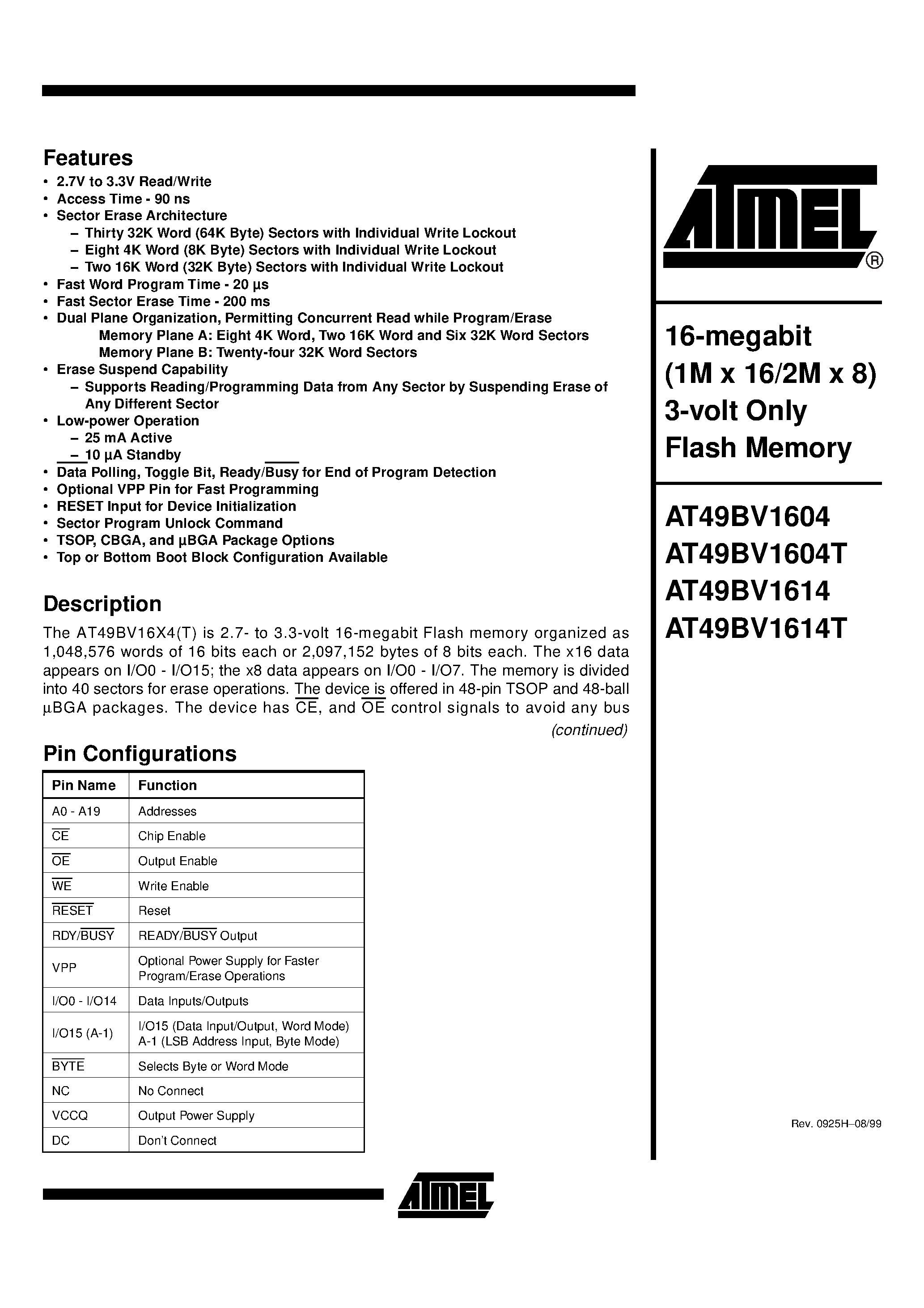 Datasheet AT49BV1604T-12TC - 16-megabit (1M x 16/2M x 8) 3-volt Only Flash Memory page 1