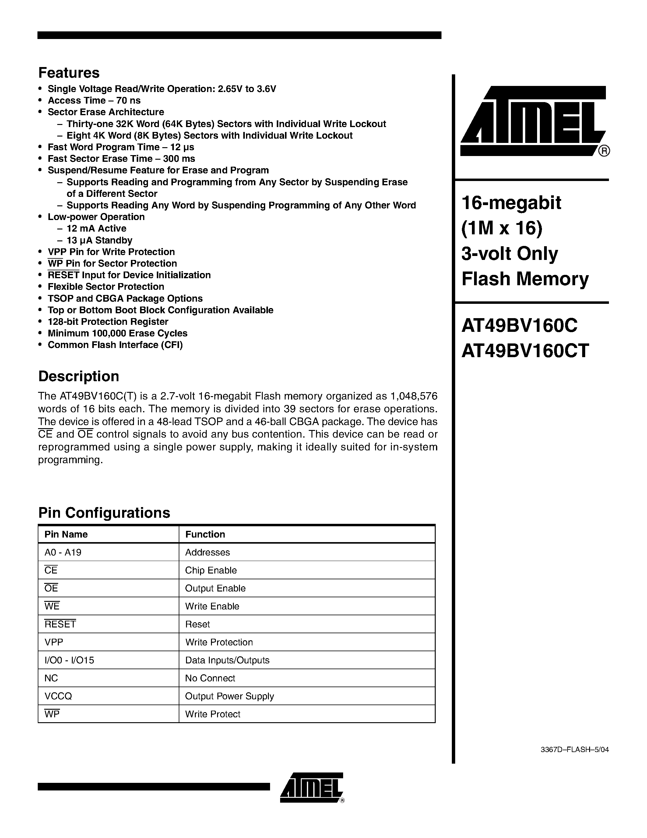 Datasheet AT49BV160C page 1 Datasheet AT49BV160C - 16-megabit (1M x 16) 3-volt Only Flash Memory page 1