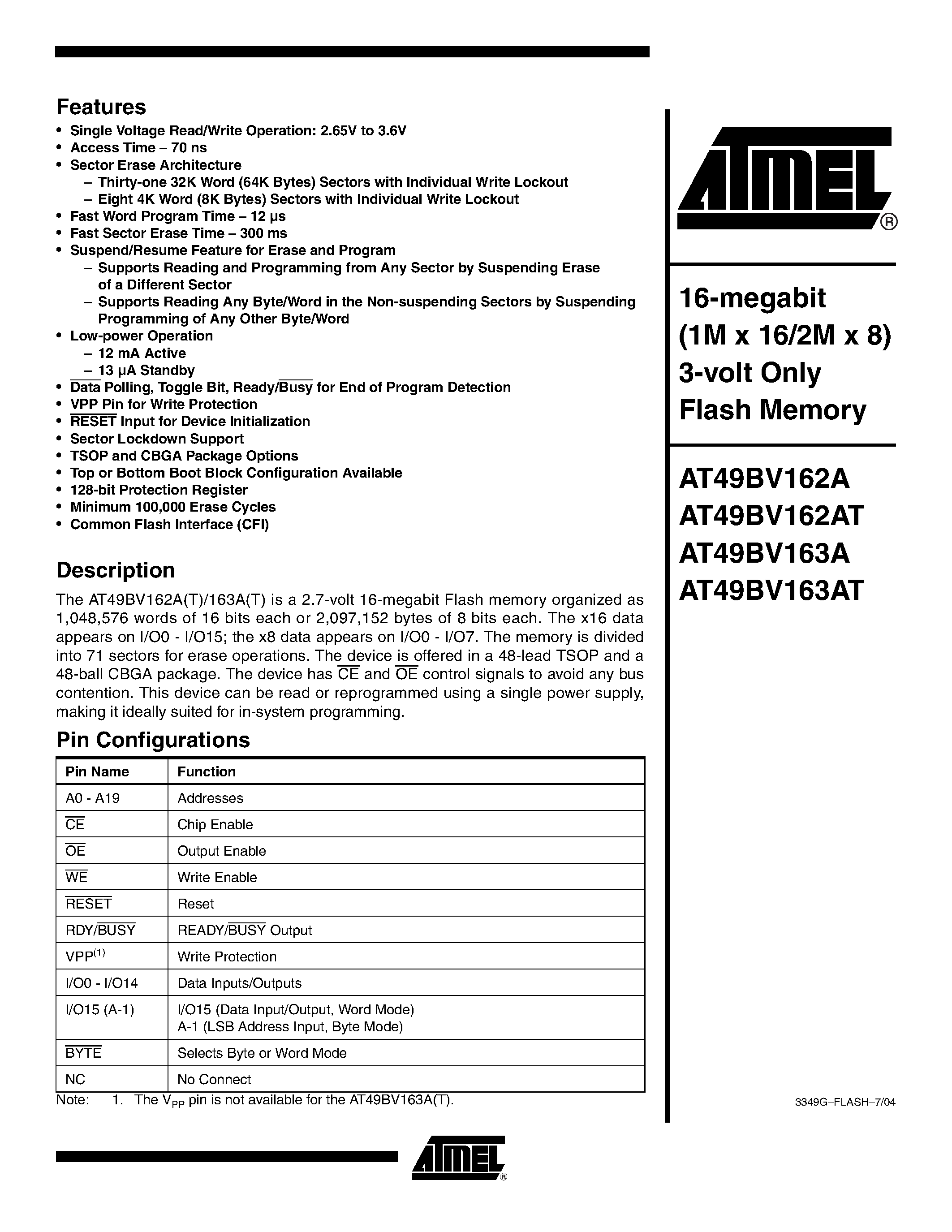 Datasheet AT49BV163A - 16-megabit (1M x 16/2M x 8) 3-volt Only Flash Memory page 1