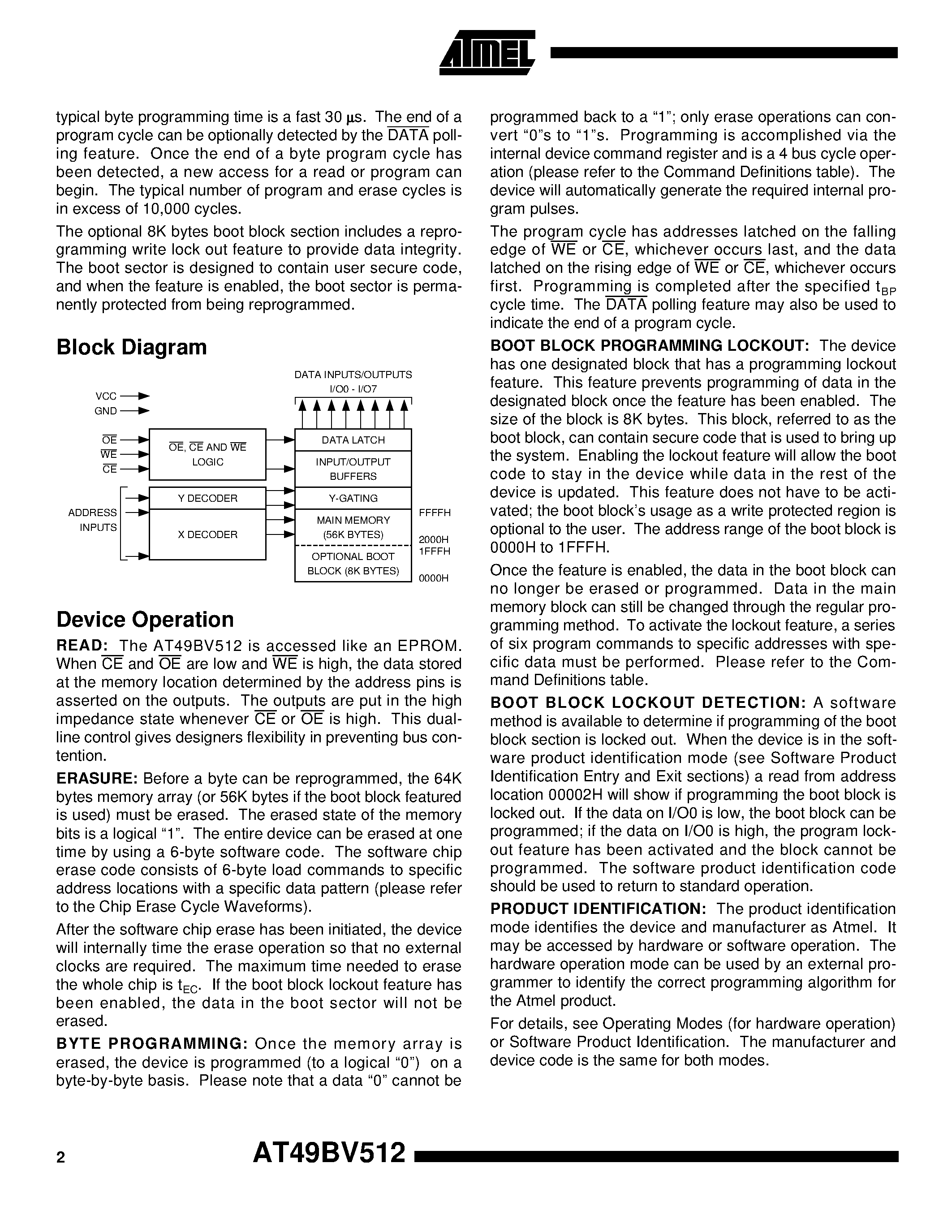 Datasheet AT49BV512-15TI page 2 Datasheet AT49BV512-15TI - 512K 64K x 8 Single 2.7-volt Battery-Voltage Flash Memory page 2