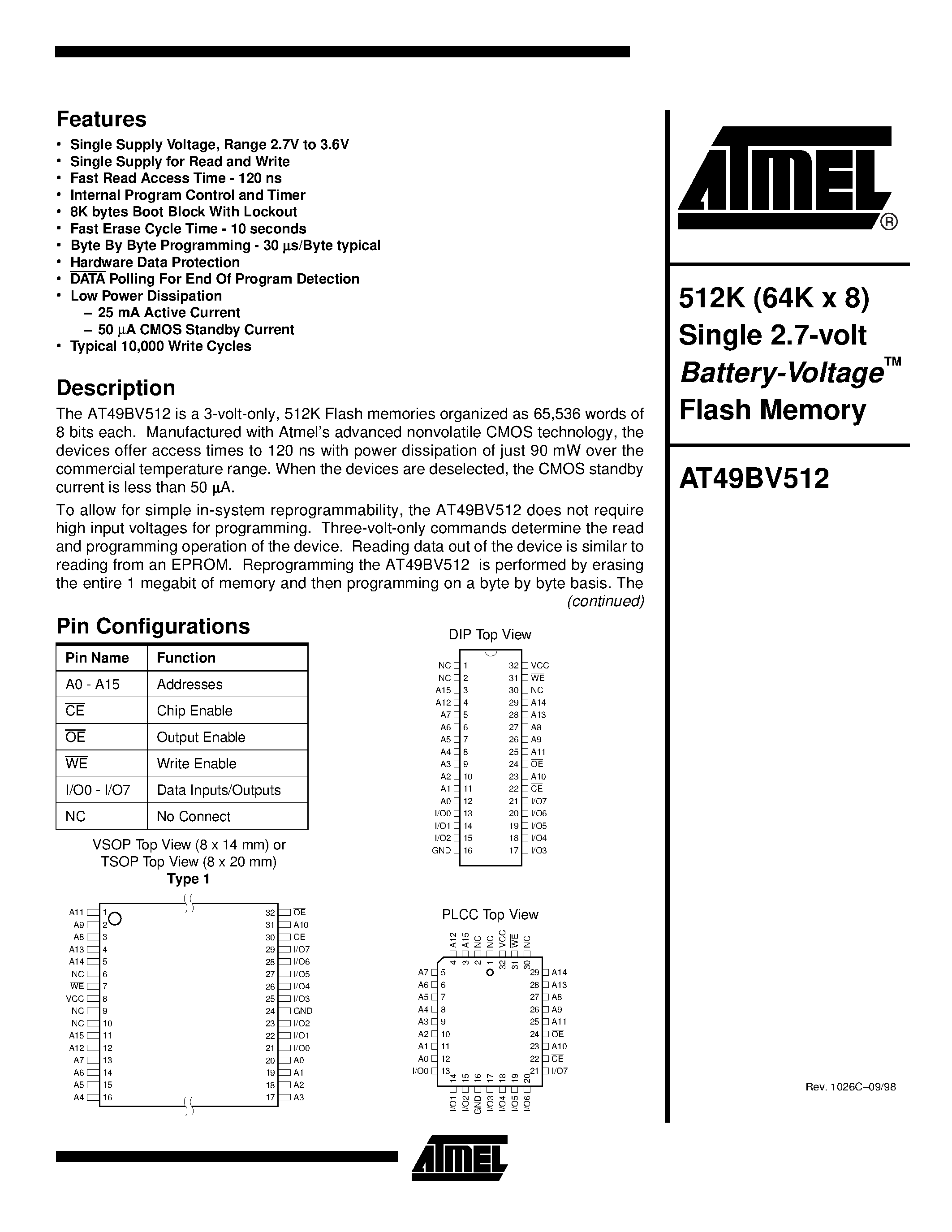 Datasheet AT49BV512-15VC - 512K 64K x 8 Single 2.7-volt Battery-Voltage Flash Memory page 1