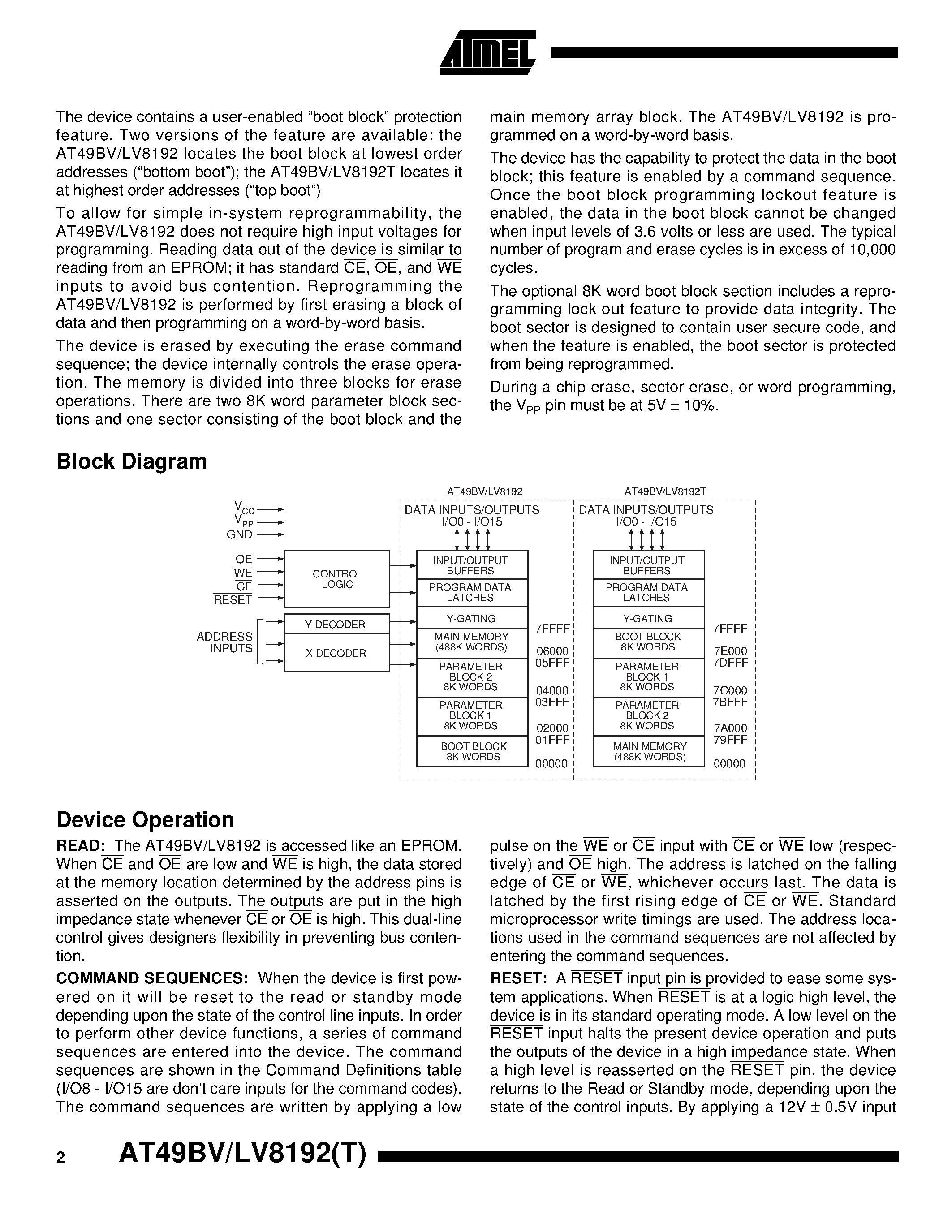 Даташит на микросхему AT49BV8192-20RC страница 2 Даташит AT49BV8192-20RC - 8-Megabit 512K x 16 CMOS Flash Memory страница 2