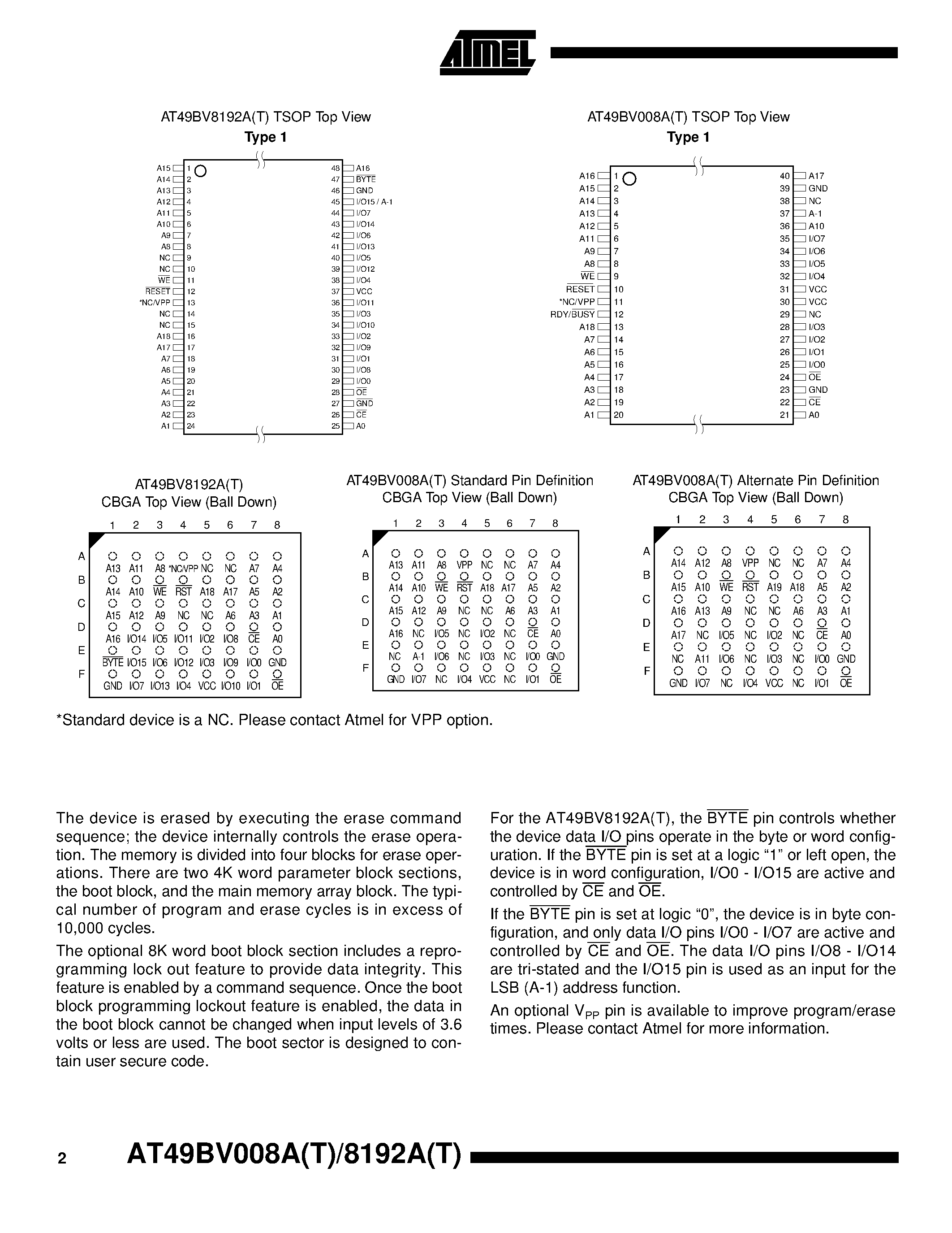 Datasheet AT49BV8192AT-15TC - 8-Megabit 1M x 8/ 512K x 16 CMOS Flash Memory page 2