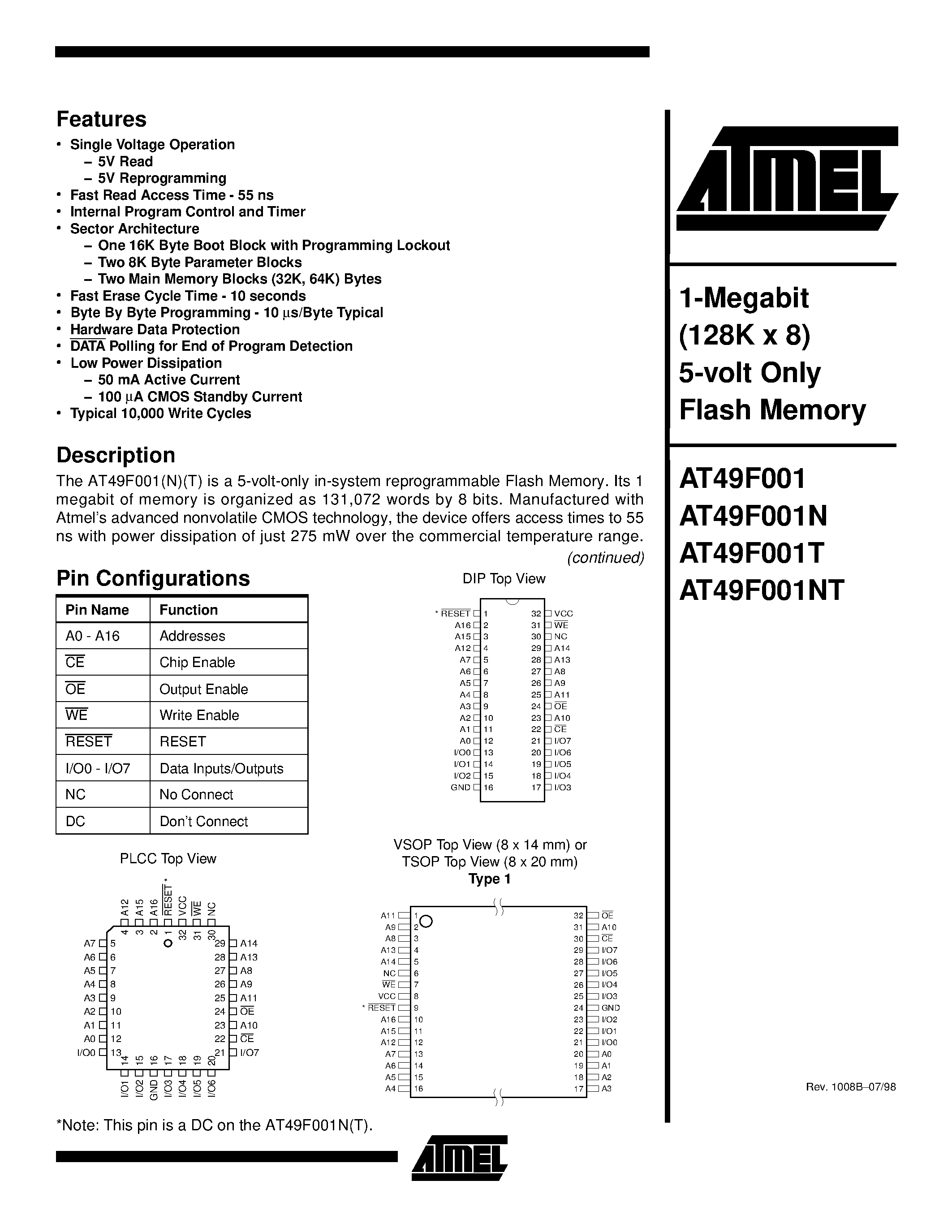 Datasheet AT49F001-55PI - 1-Megabit 128K x 8 5-volt Only Flash Memory page 1