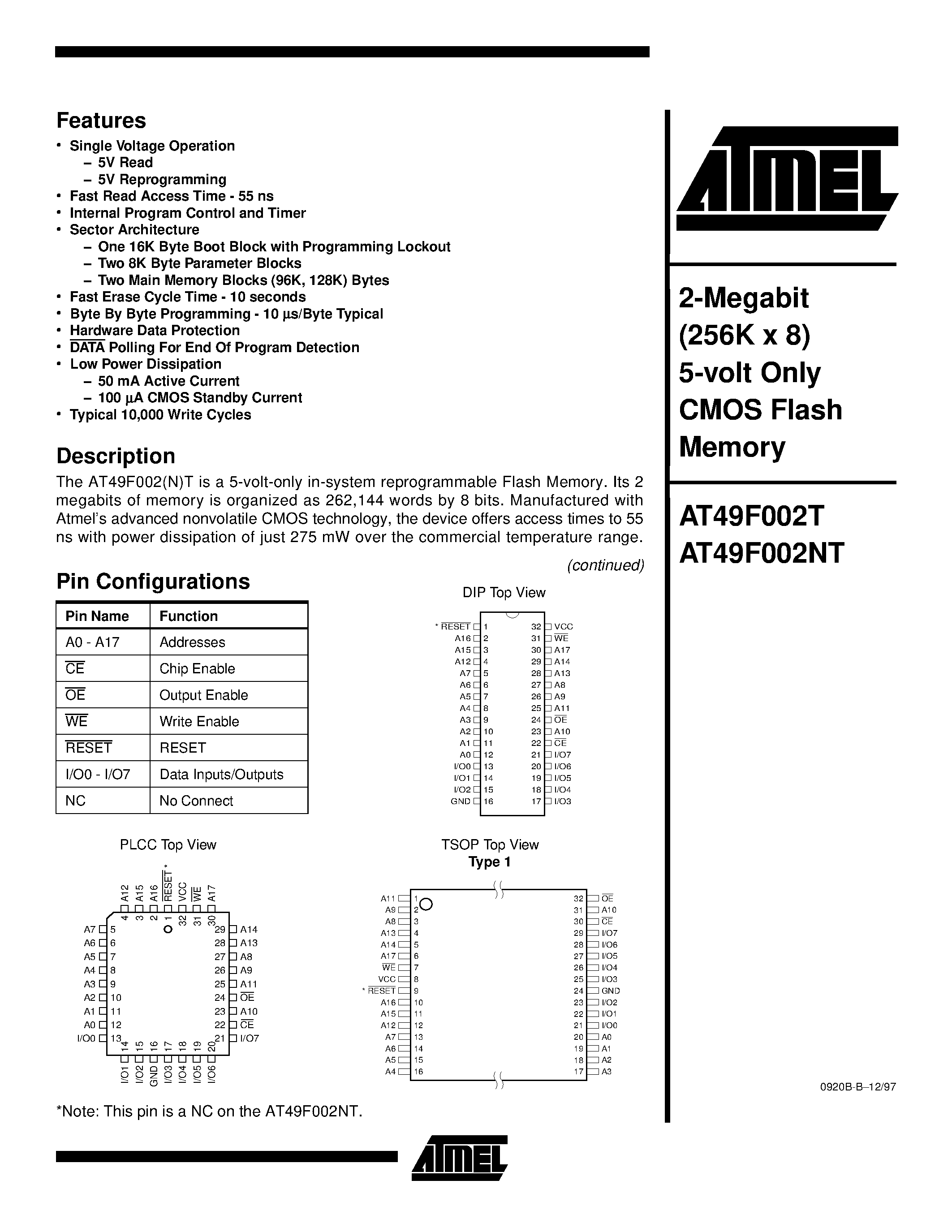 Datasheet AT49F002NT-70JI - 2-Megabit 256K x 8 5-volt Only CMOS Flash Memory page 1
