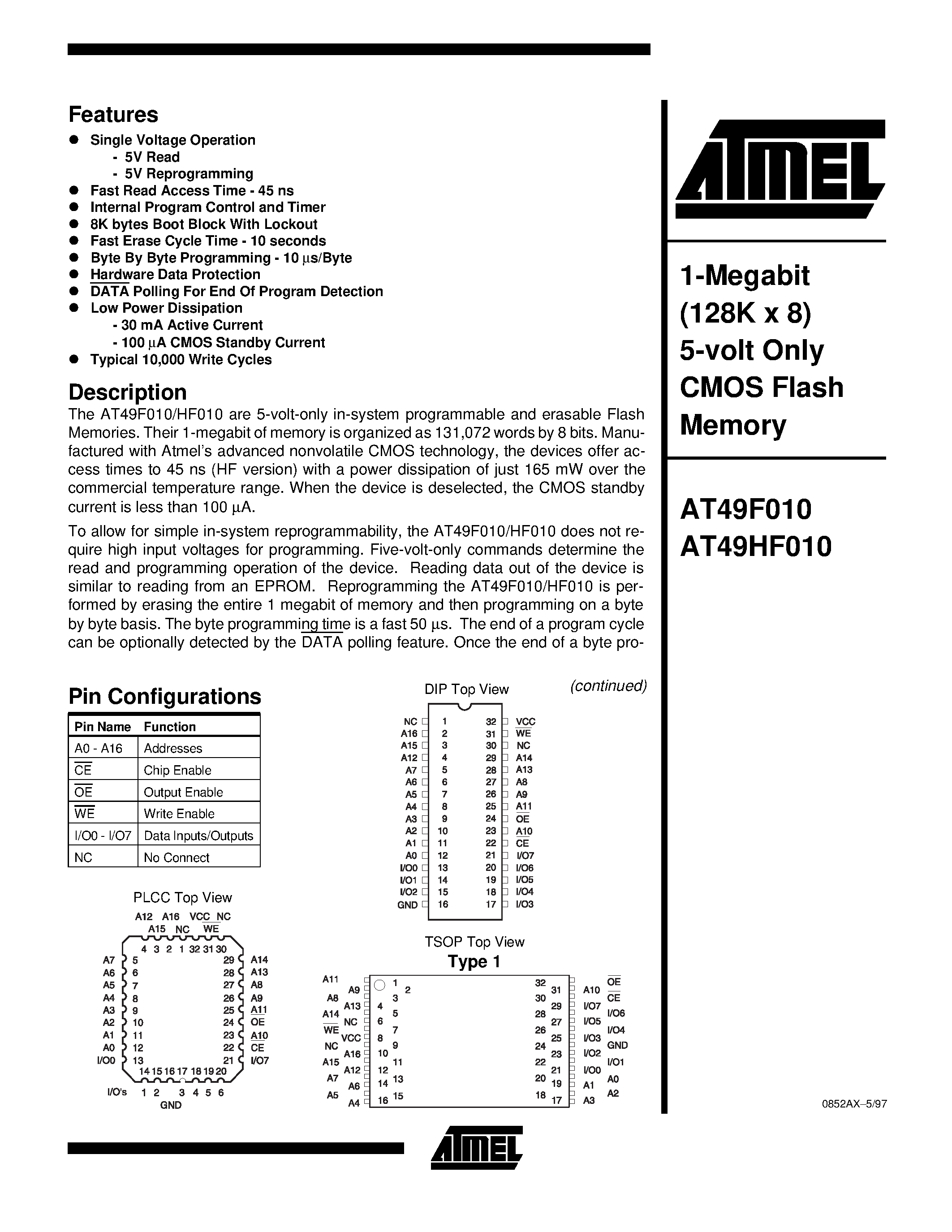 Datasheet AT49F010-90PI - 1-Megabit 128K x 8 5-volt Only CMOS Flash Memory page 1