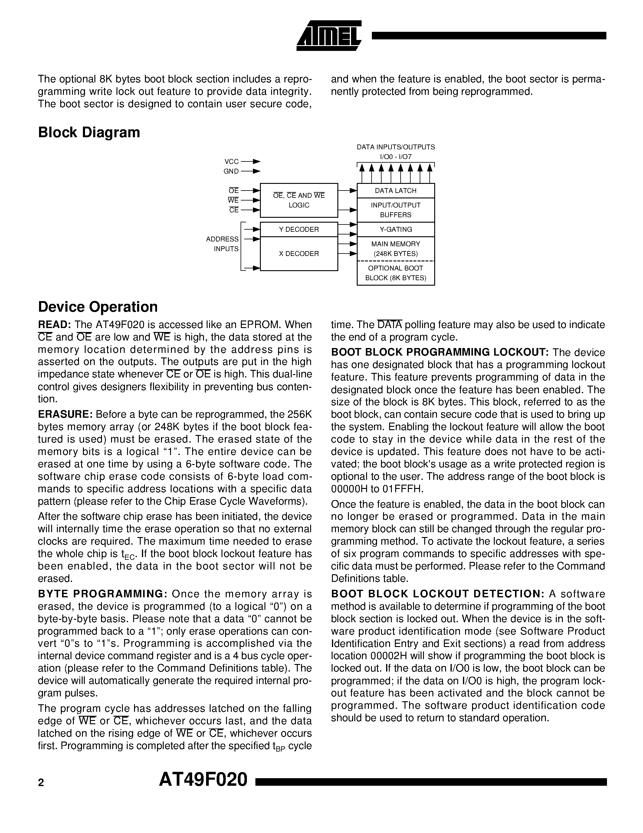 Datasheet AT49F020-90JC - 2-Megabit 256K x 8 5-volt Only CMOS Flash Memory page 2