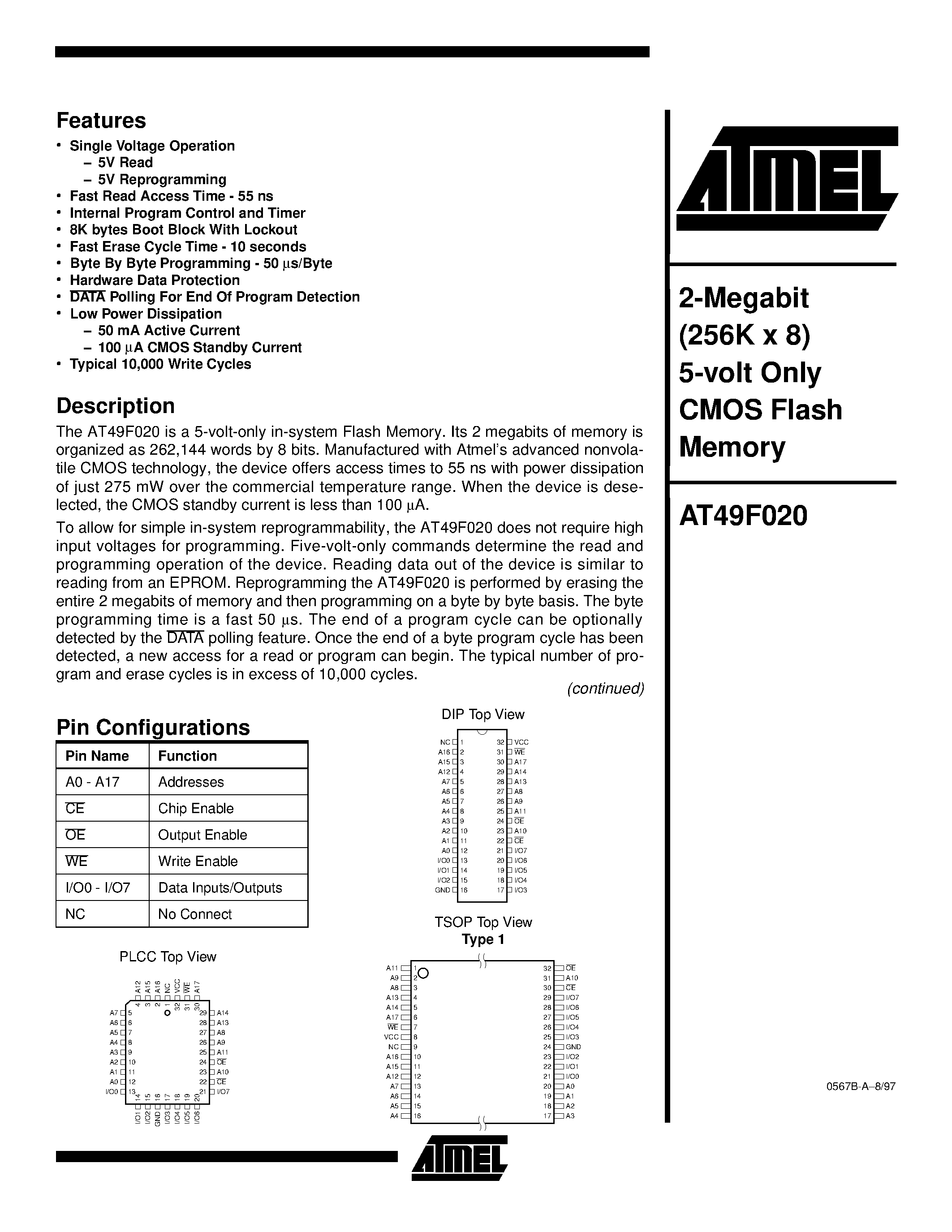 Datasheet AT49F020-90PI - 2-Megabit 256K x 8 5-volt Only CMOS Flash Memory page 1