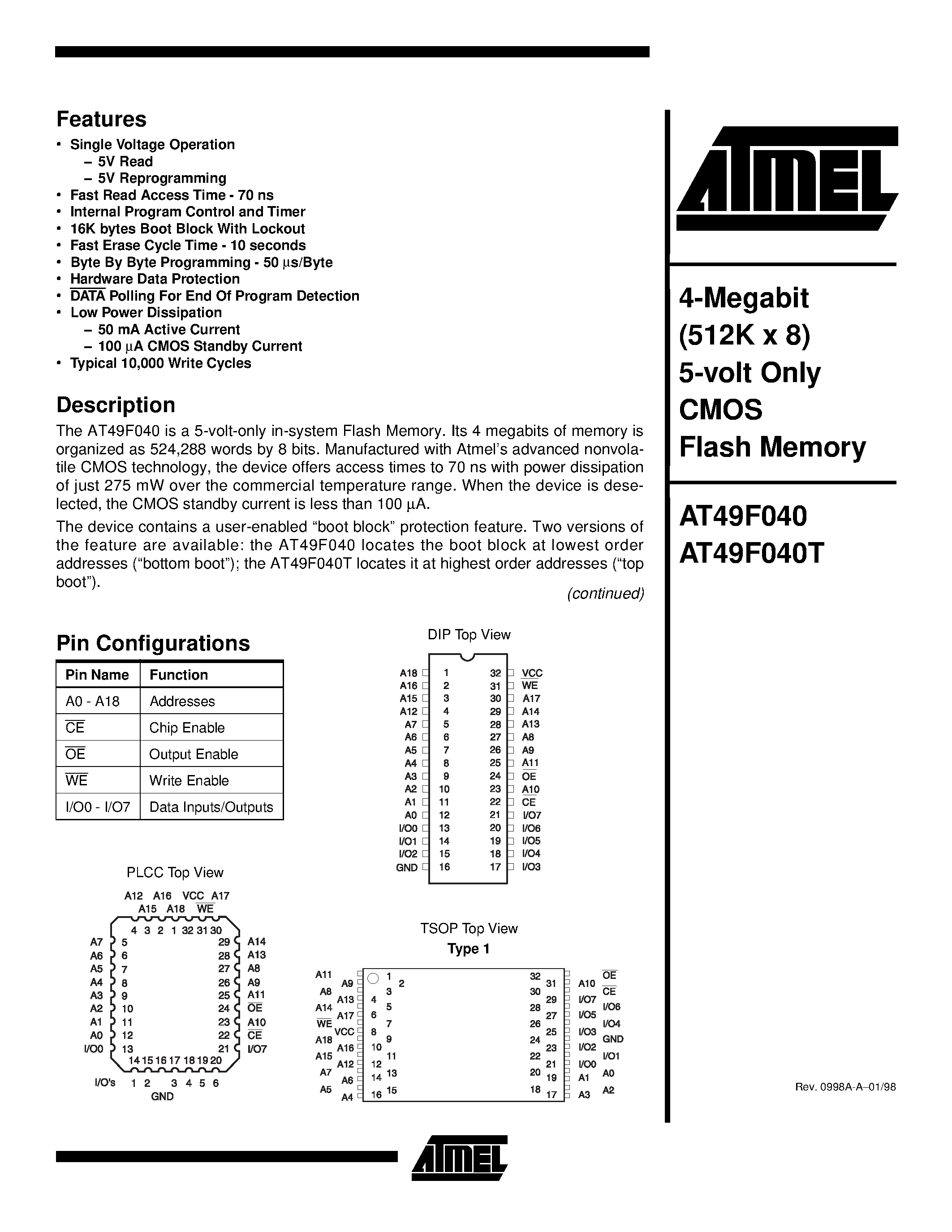 Даташит AT49F040-70PI - 4-Megabit 512K x 8 5-volt Only CMOS Flash Memory страница 1