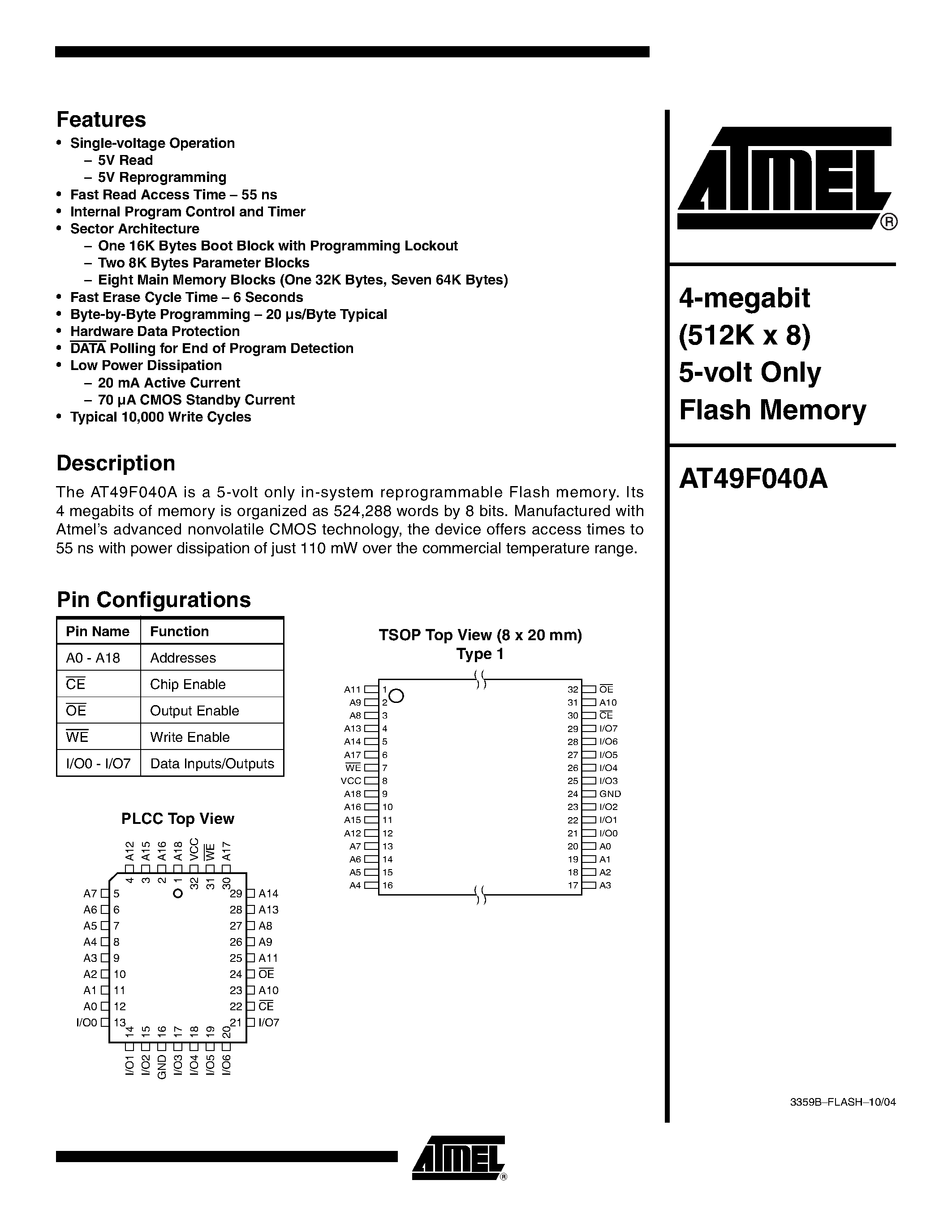Datasheet AT49F040A-55JI - 4-megabit (512K x 8) 5-volt Only Flash Memory page 1