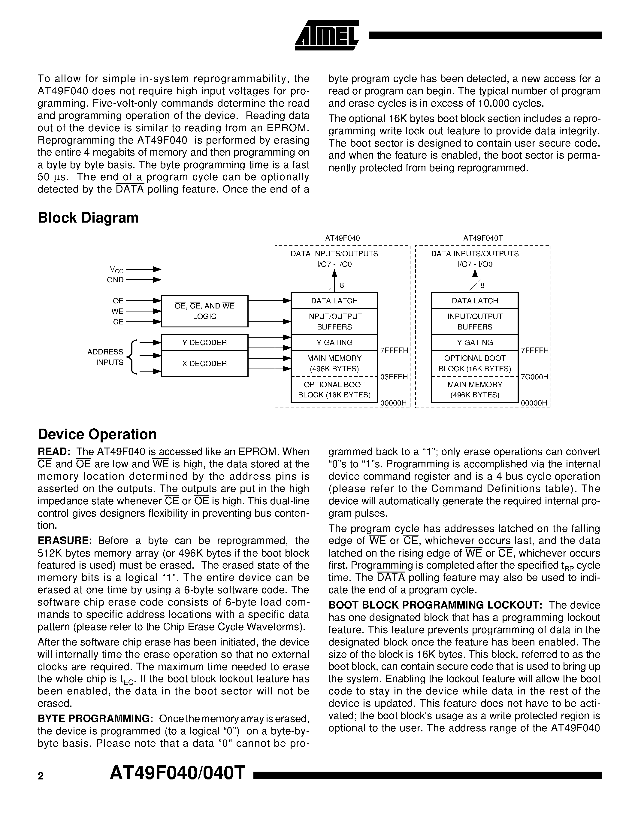 Datasheet AT49F040T - 4-Megabit 512K x 8 5-volt Only CMOS Flash Memory page 2