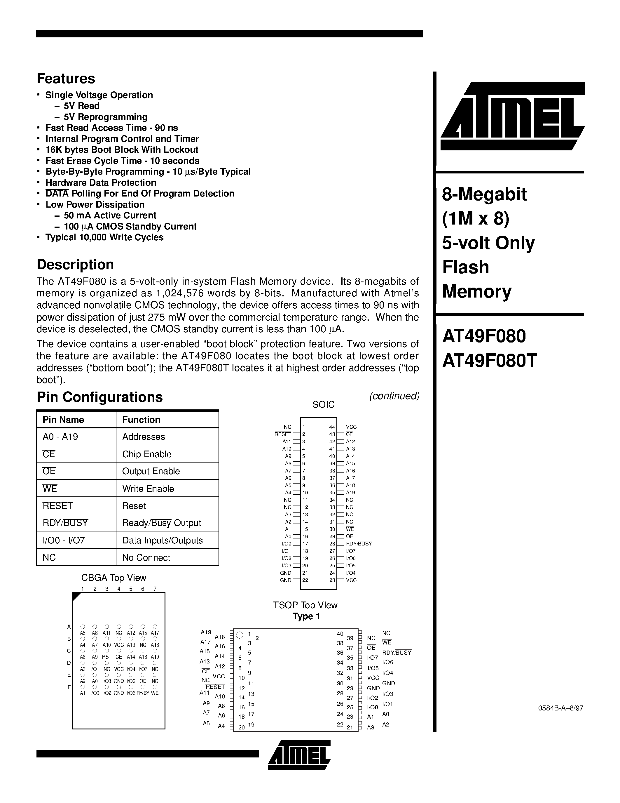 Datasheet AT49F080-15CC - 8-Megabit 1M x 8 5-volt Only Flash Memory page 1